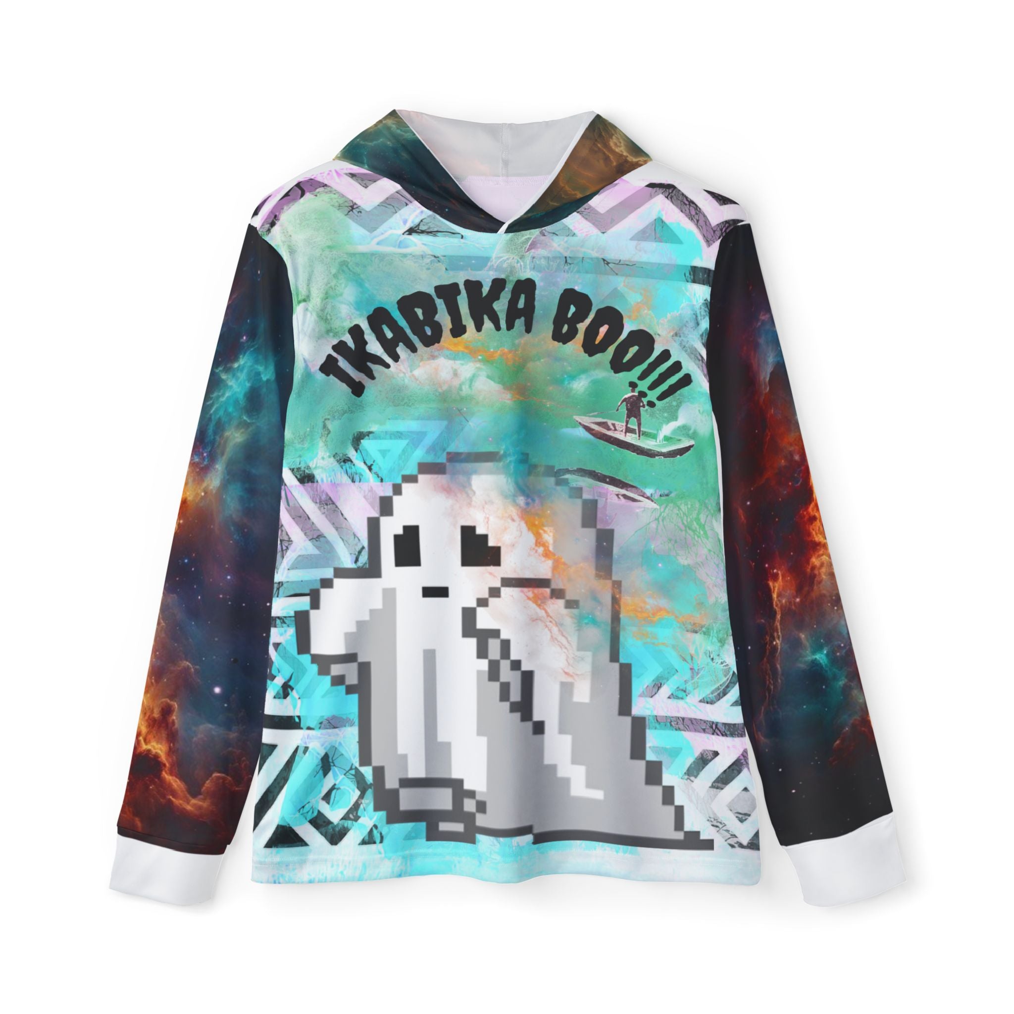 Colorful hoodie with pixelated ghost design and text on a white background