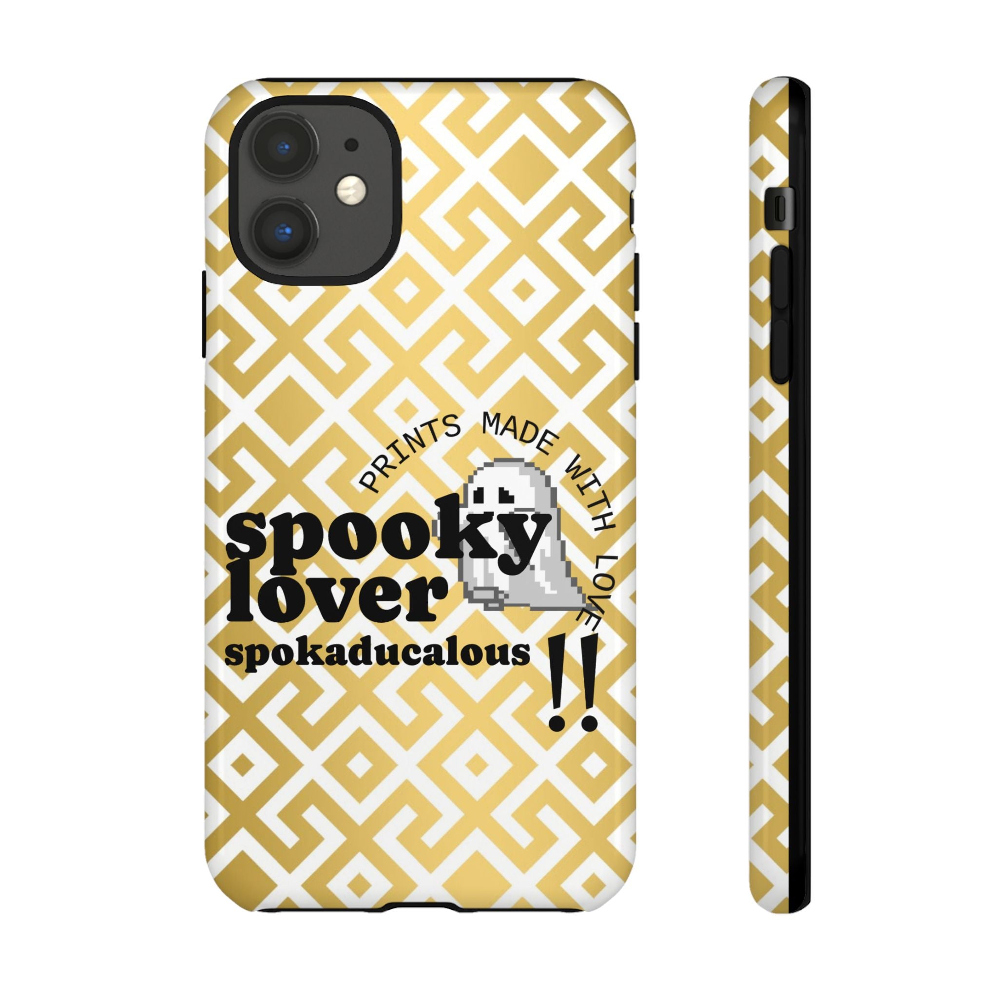 Phone case with geometric pattern and 'spooky lover' text on a yellow background
