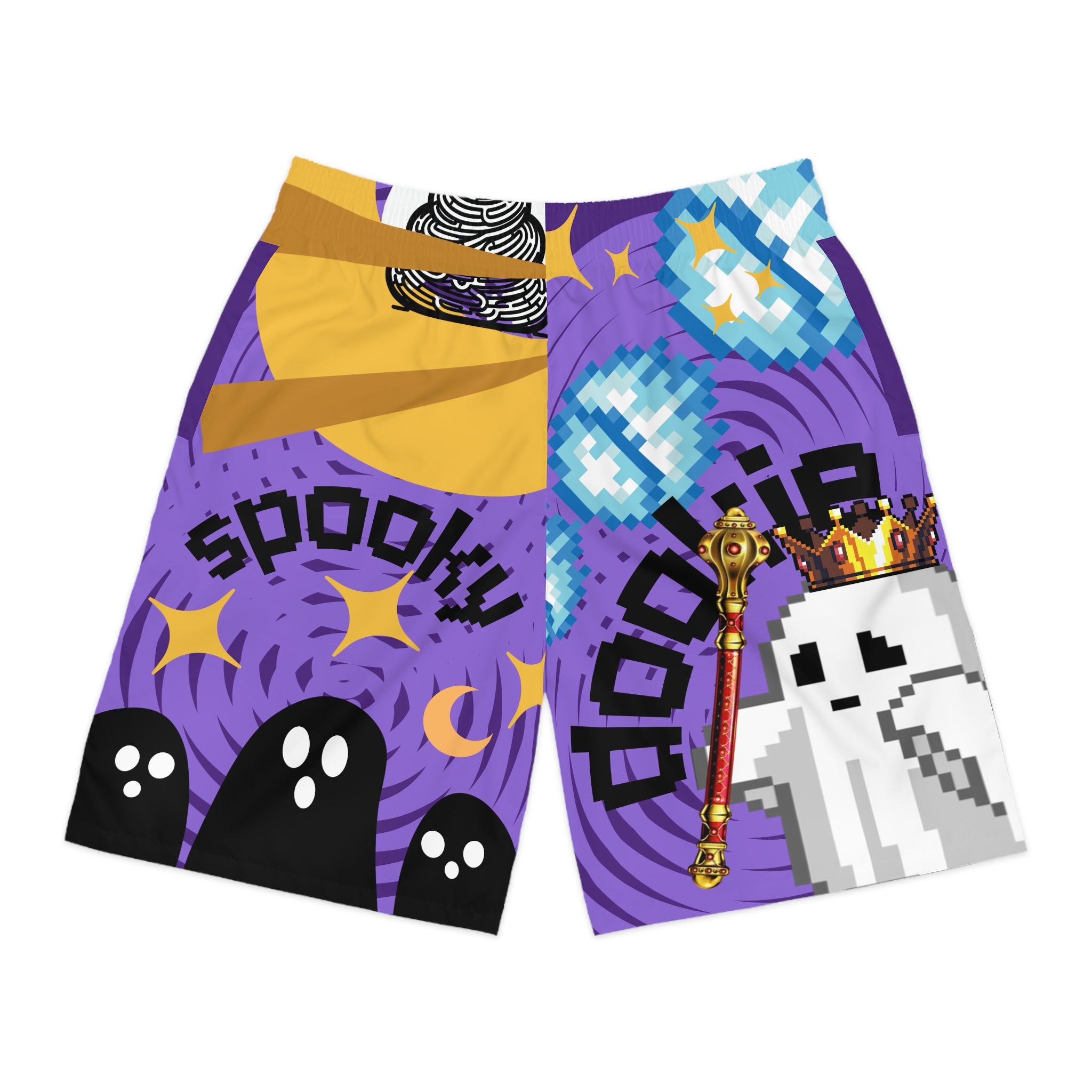 custom Colorful shorts with Halloween-themed graphics on a white background