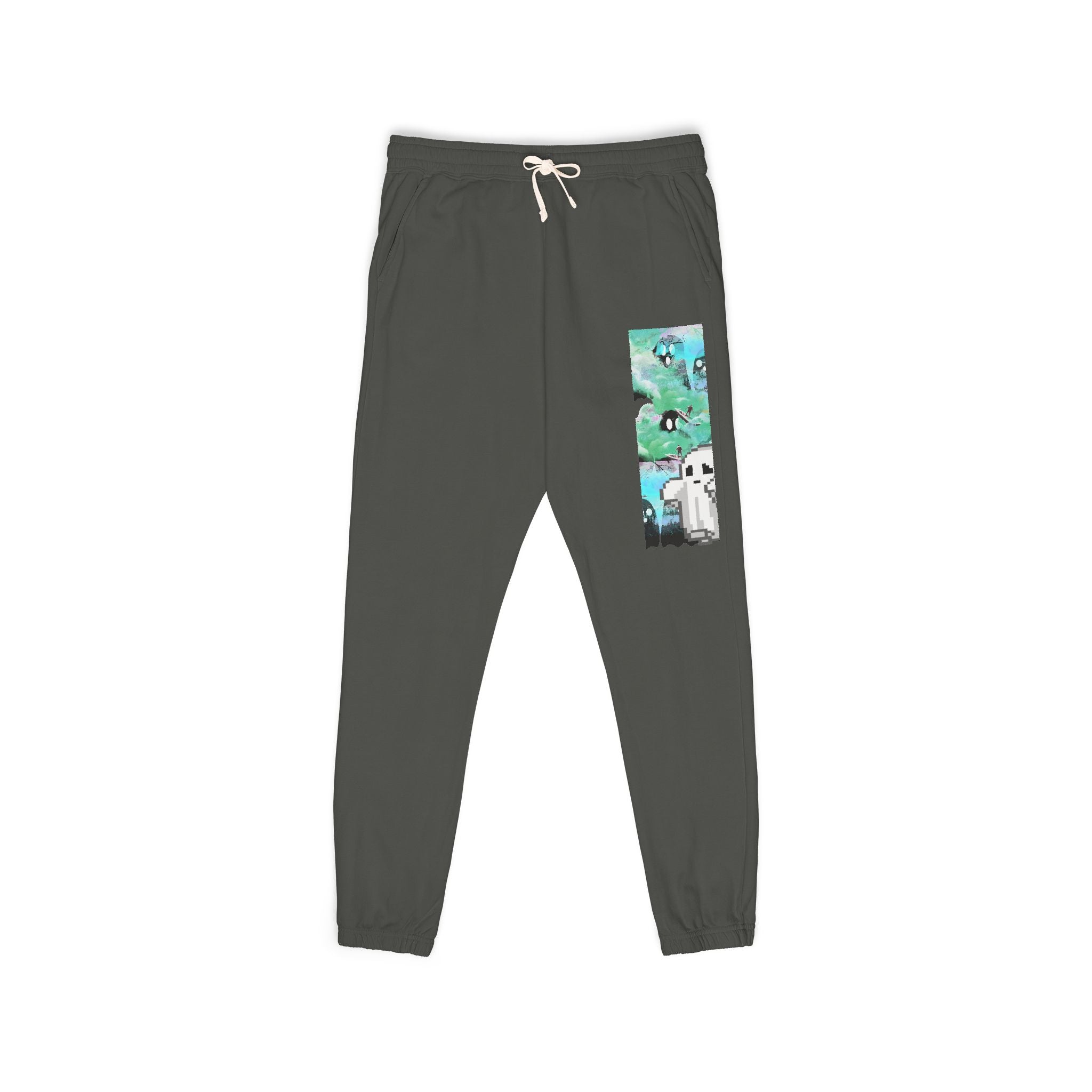 Dark gray sweatpants with a colorful graphic on a white background
