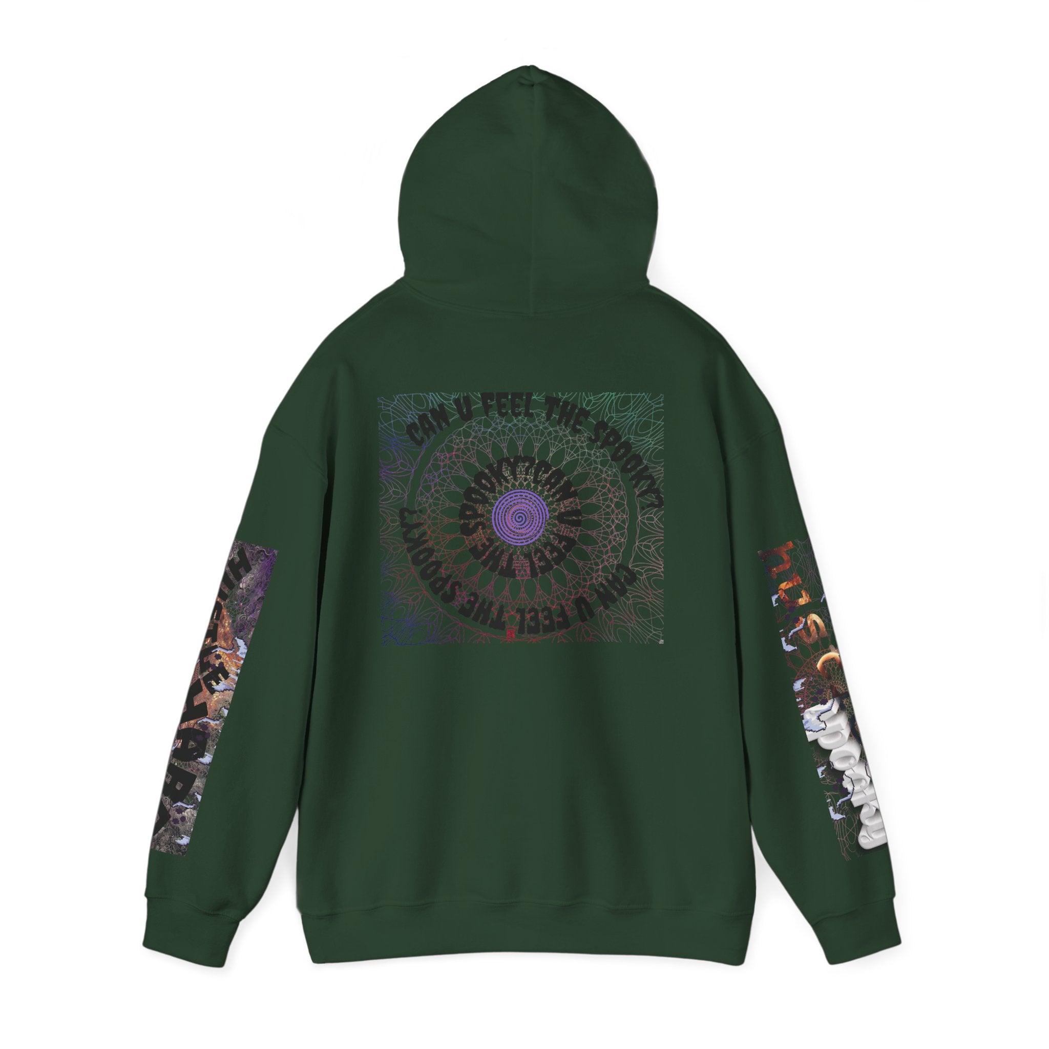 Green hoodie with mandala design on the back and colorful sleeve patterns on a white background