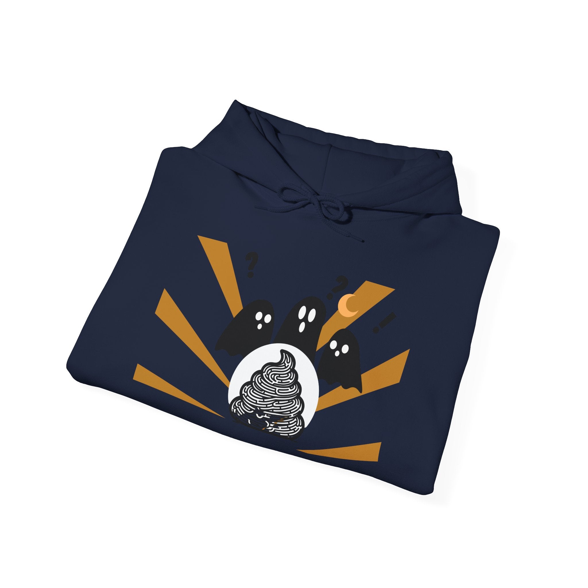 Folded navy blue hoodie with graphic design on a white background