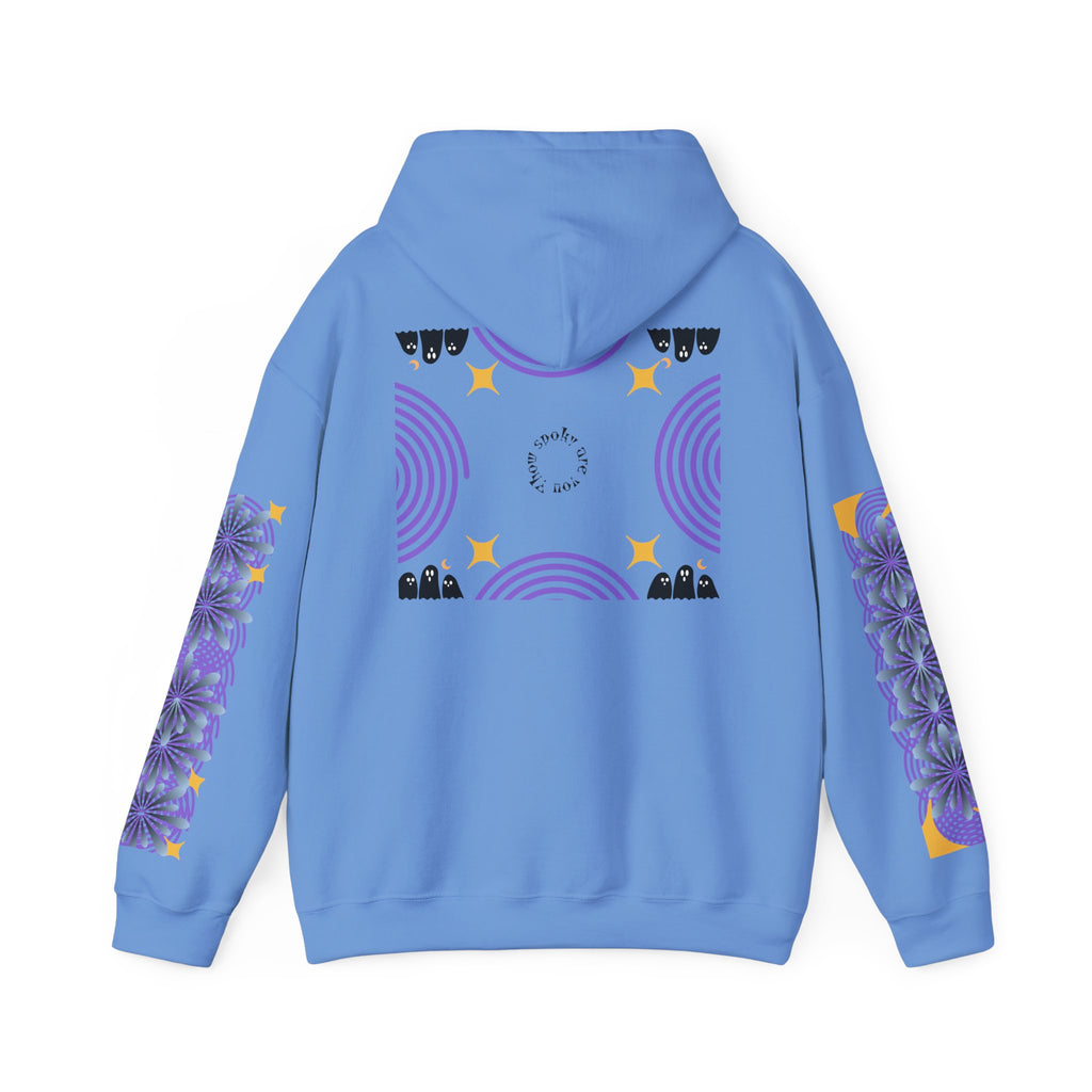 Blue hoodie with decorative patterns on the back and sleeves against a white background