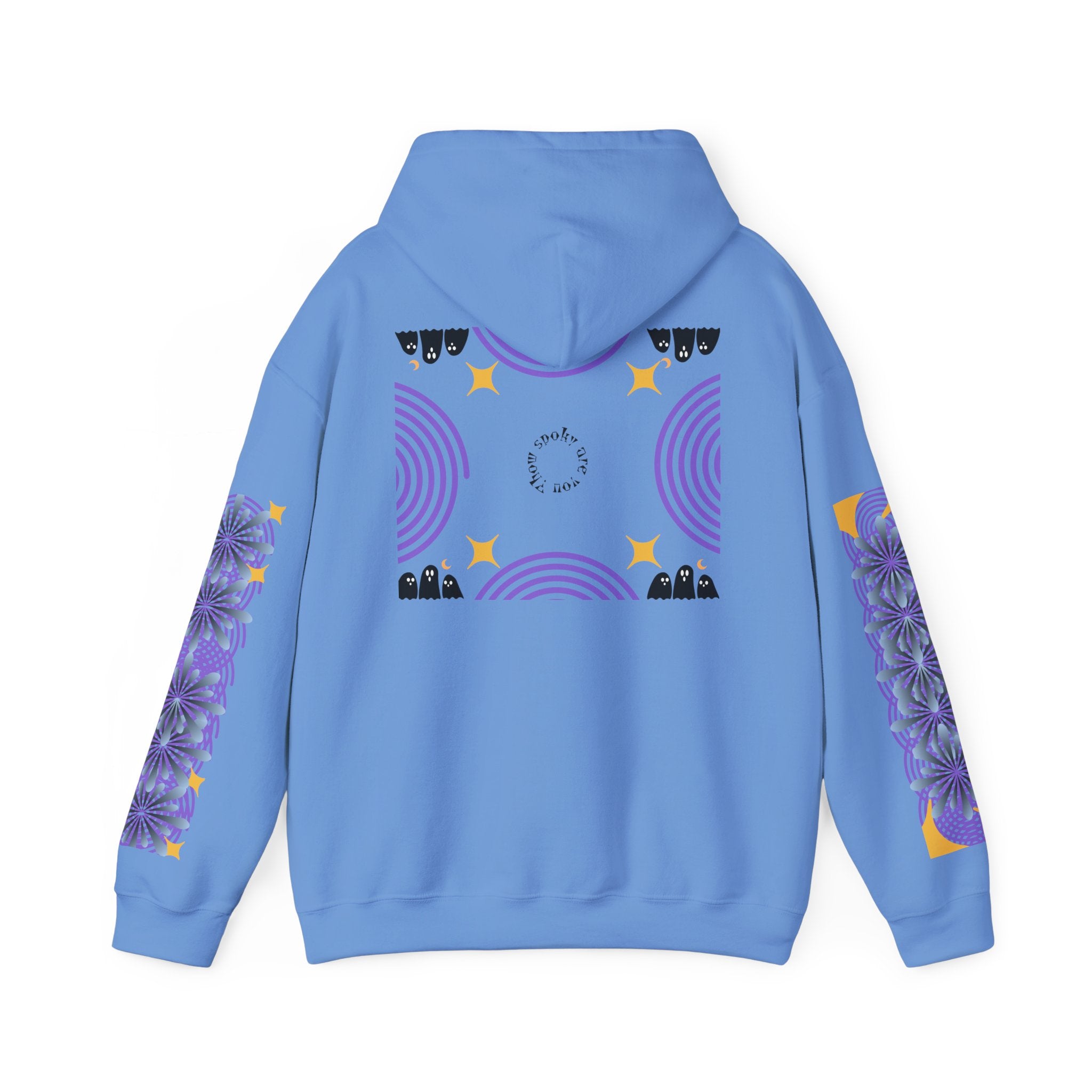 Blue hoodie with decorative patterns on the back and sleeves against a white background