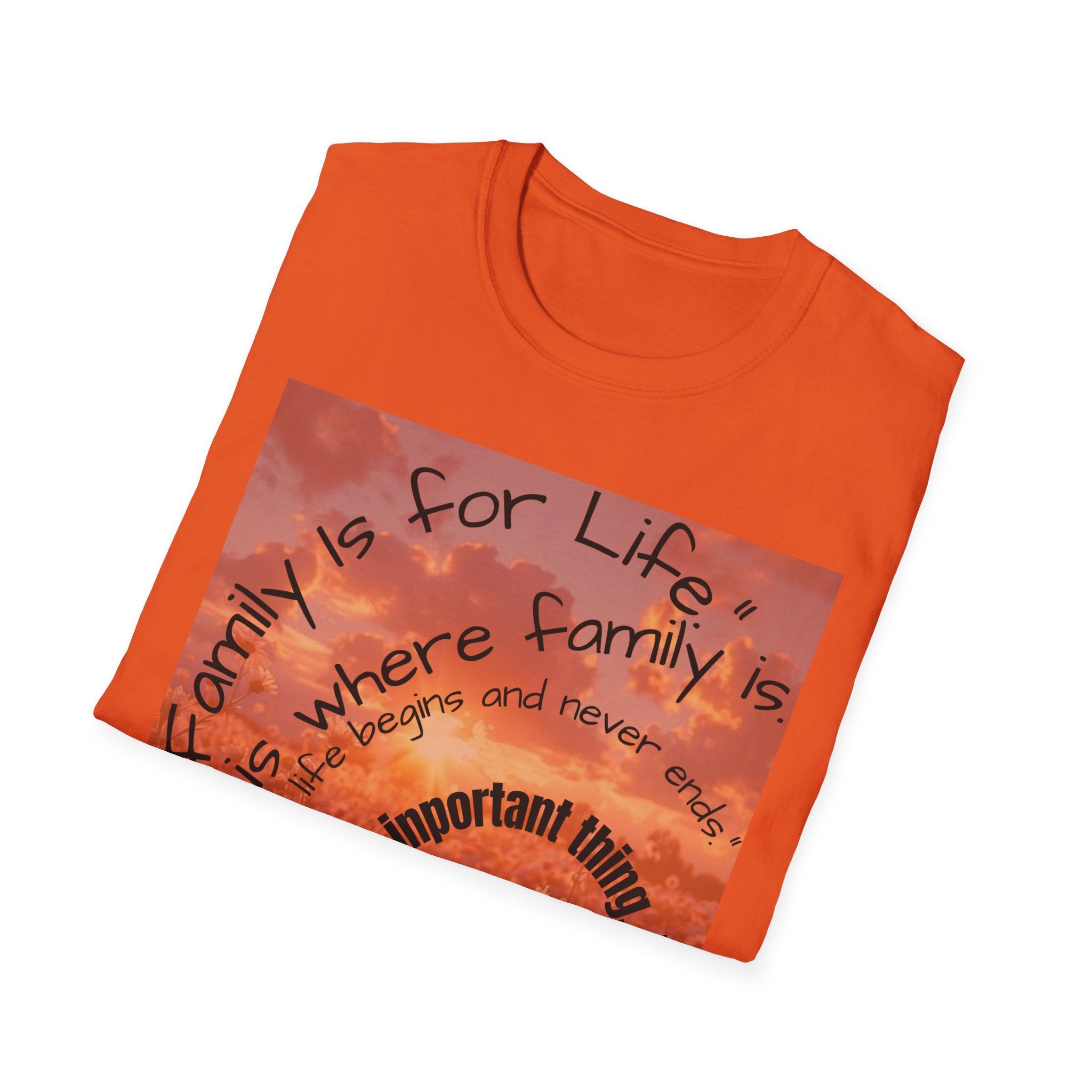 Orange t-shirt with text design on a white background