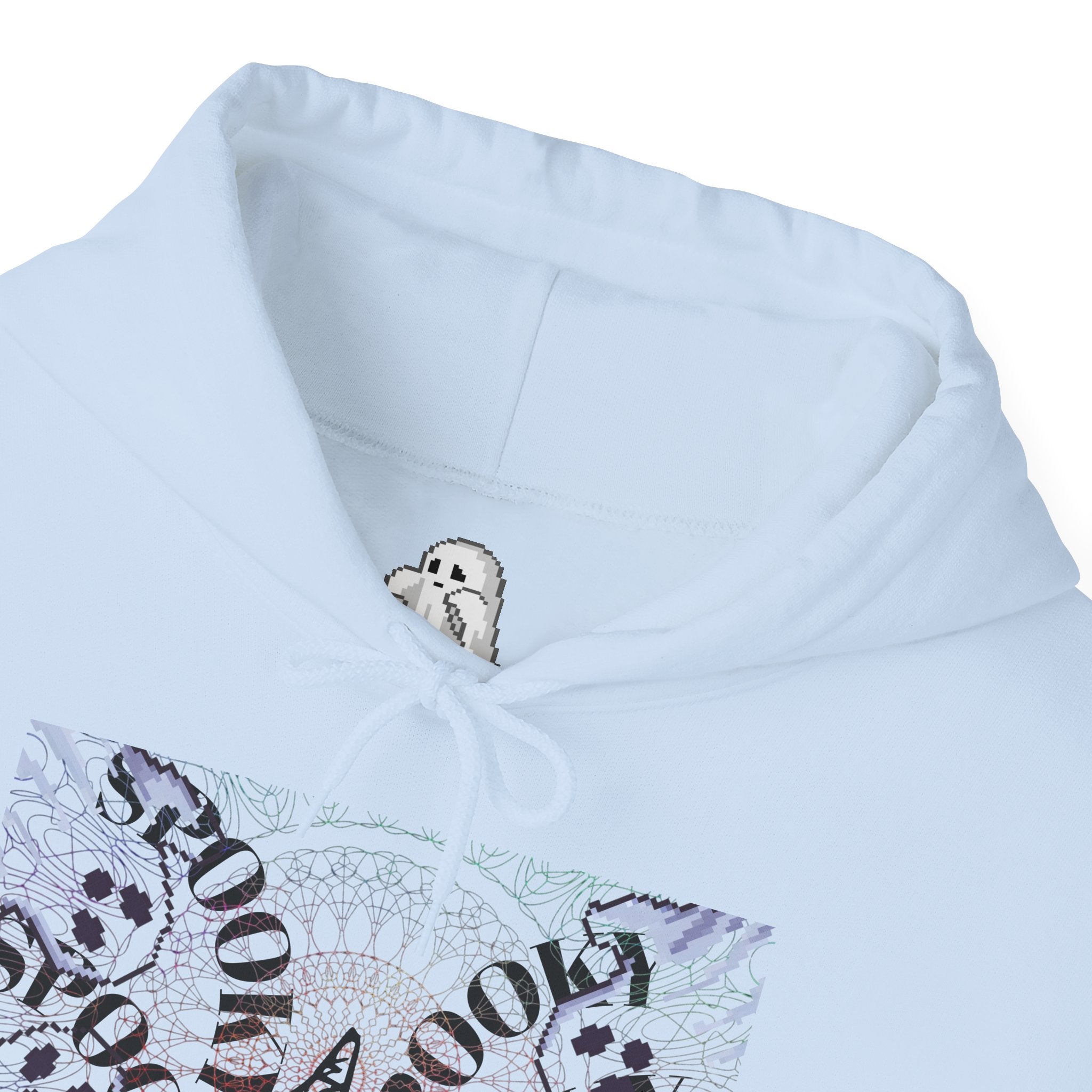 Light blue hoodie with a graphic design on the front