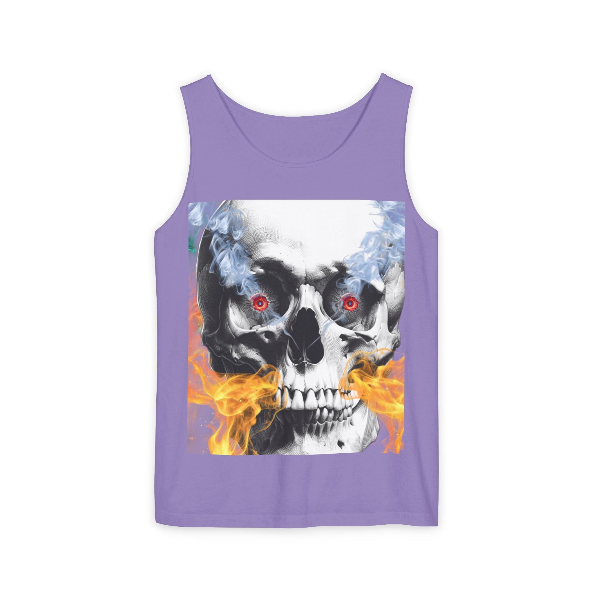 Purple tank top with a graphic of a skull with red eyes and flames on a white background