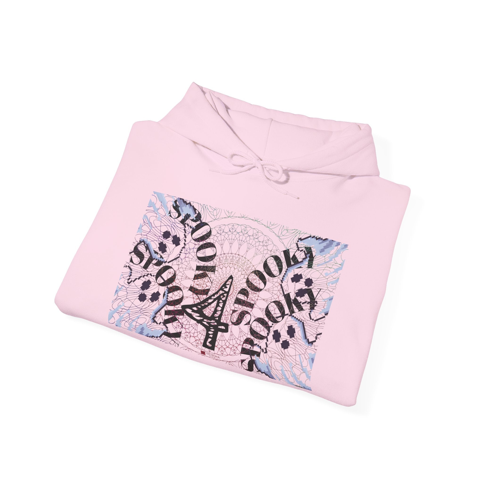 Pink hoodie with graphic design on a white background