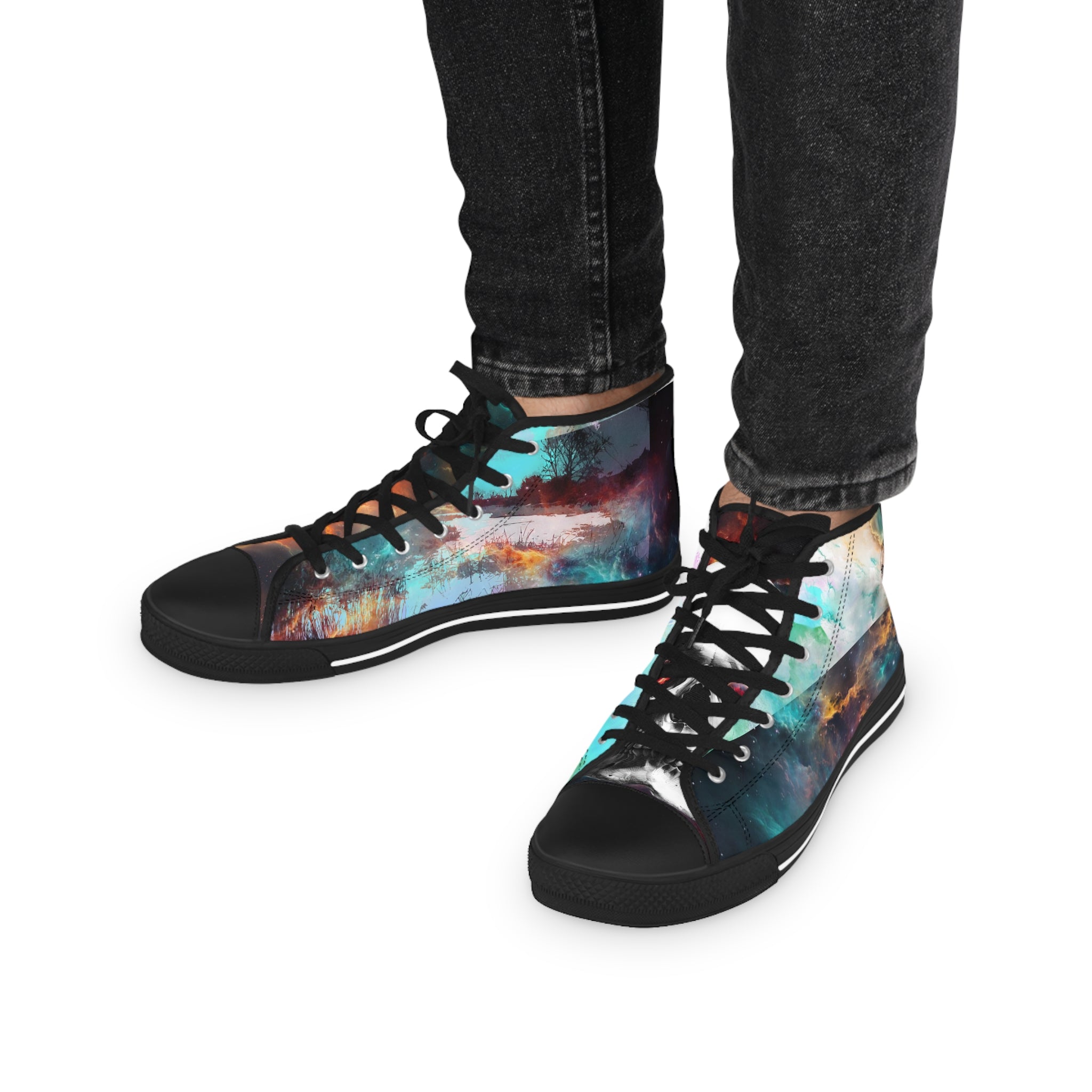 High-top sneakers with a colorful abstract design worn with black jeans on a white background