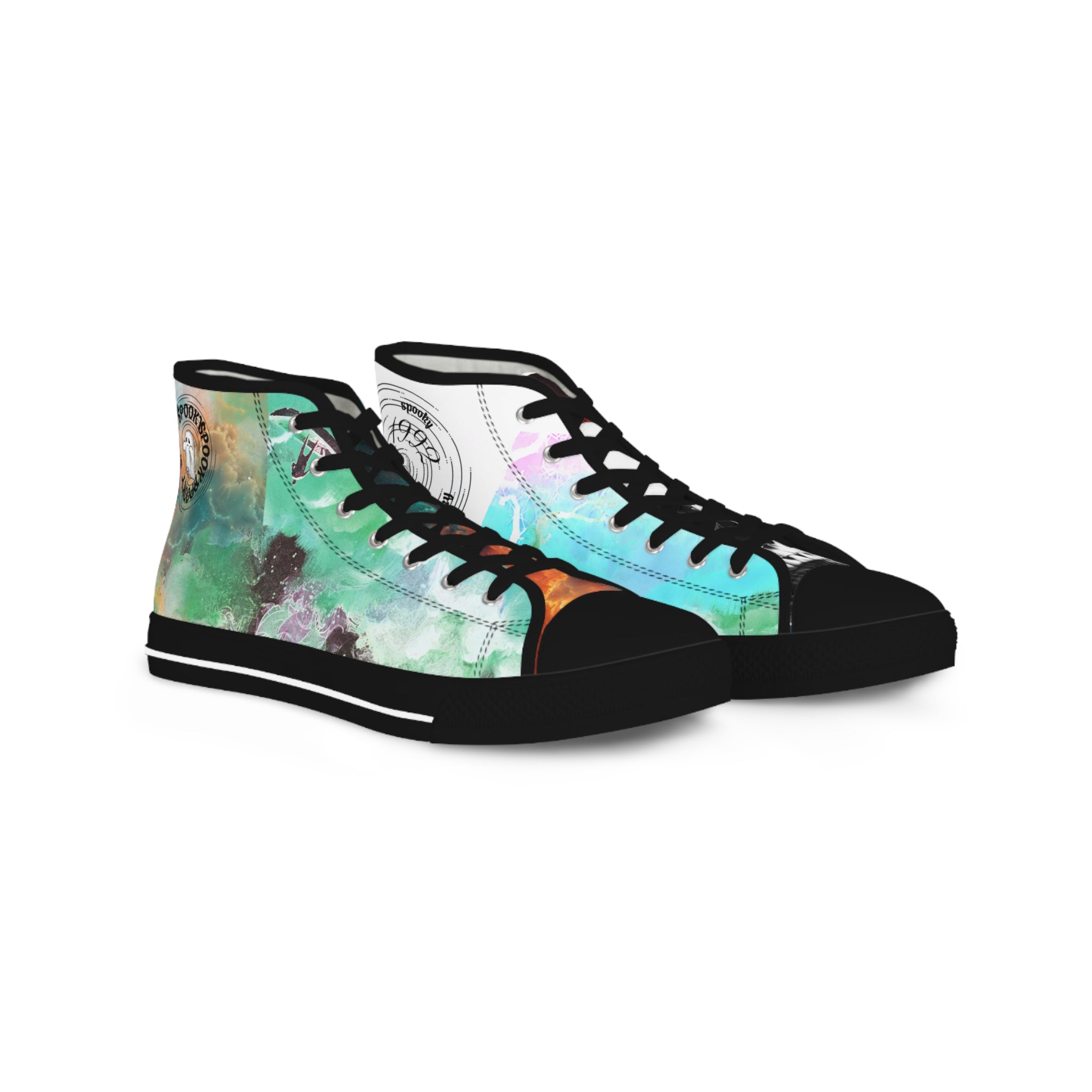 Colorful high-top sneakers with abstract design on a white background