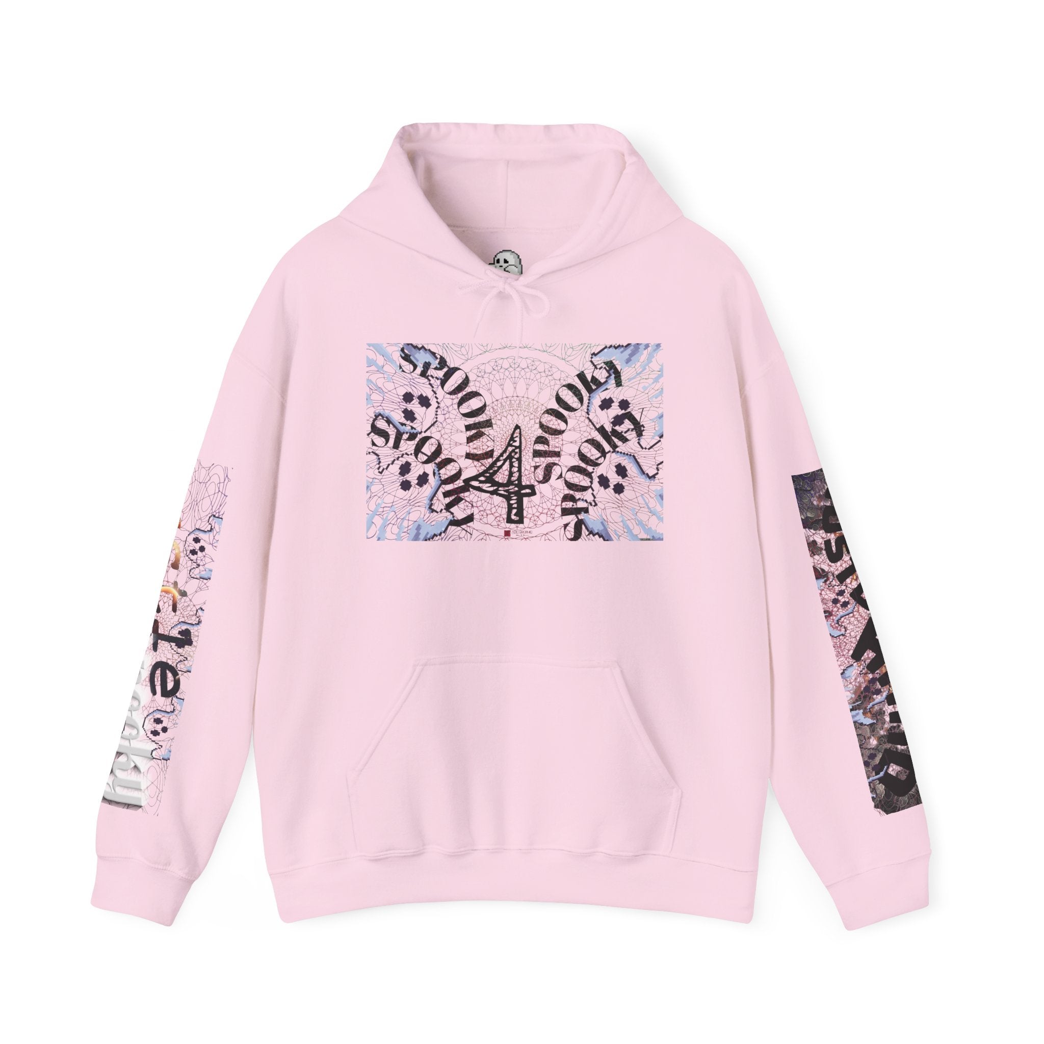 Pink hoodie with graphic design on a white background