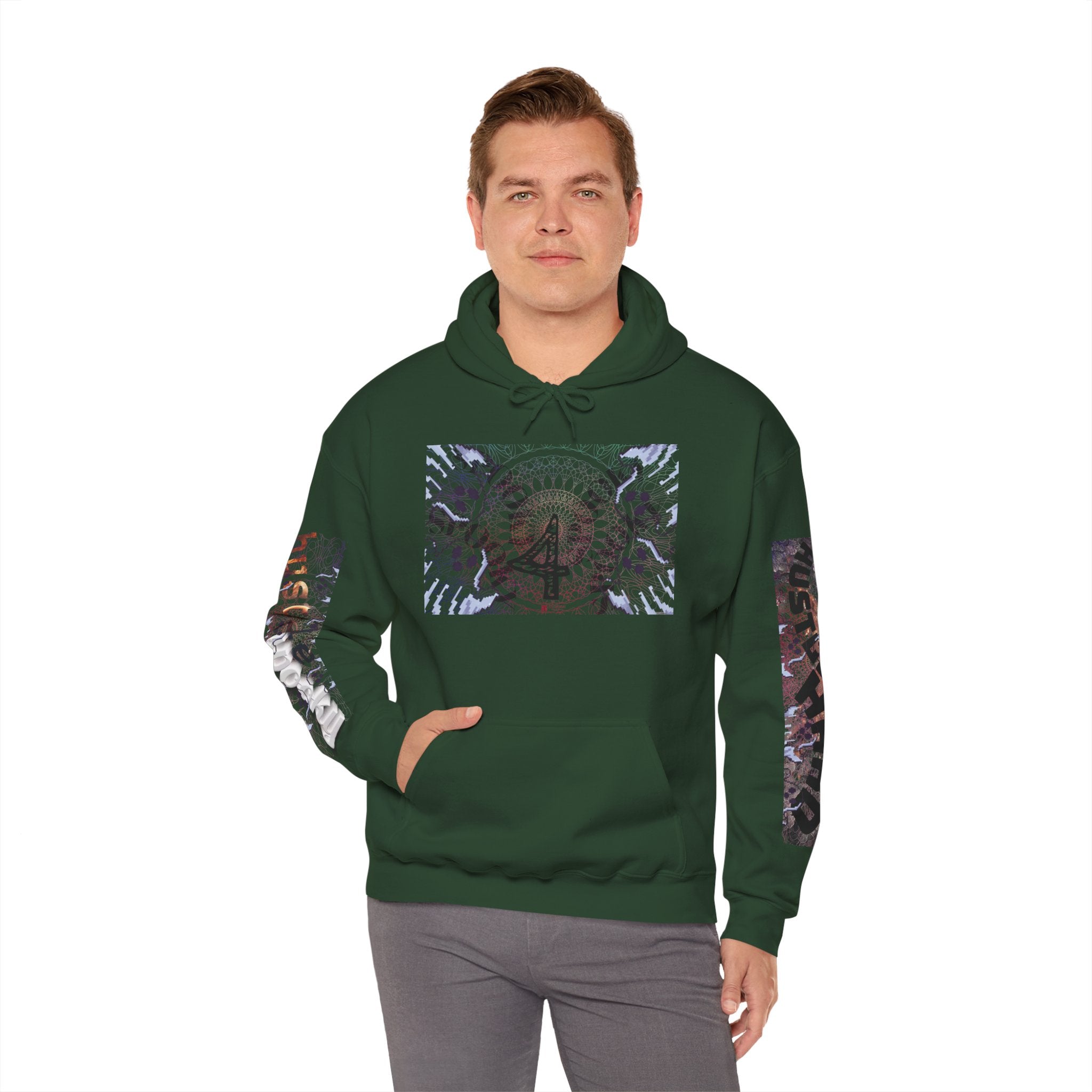Man wearing a green hoodie with a colorful design on a white background