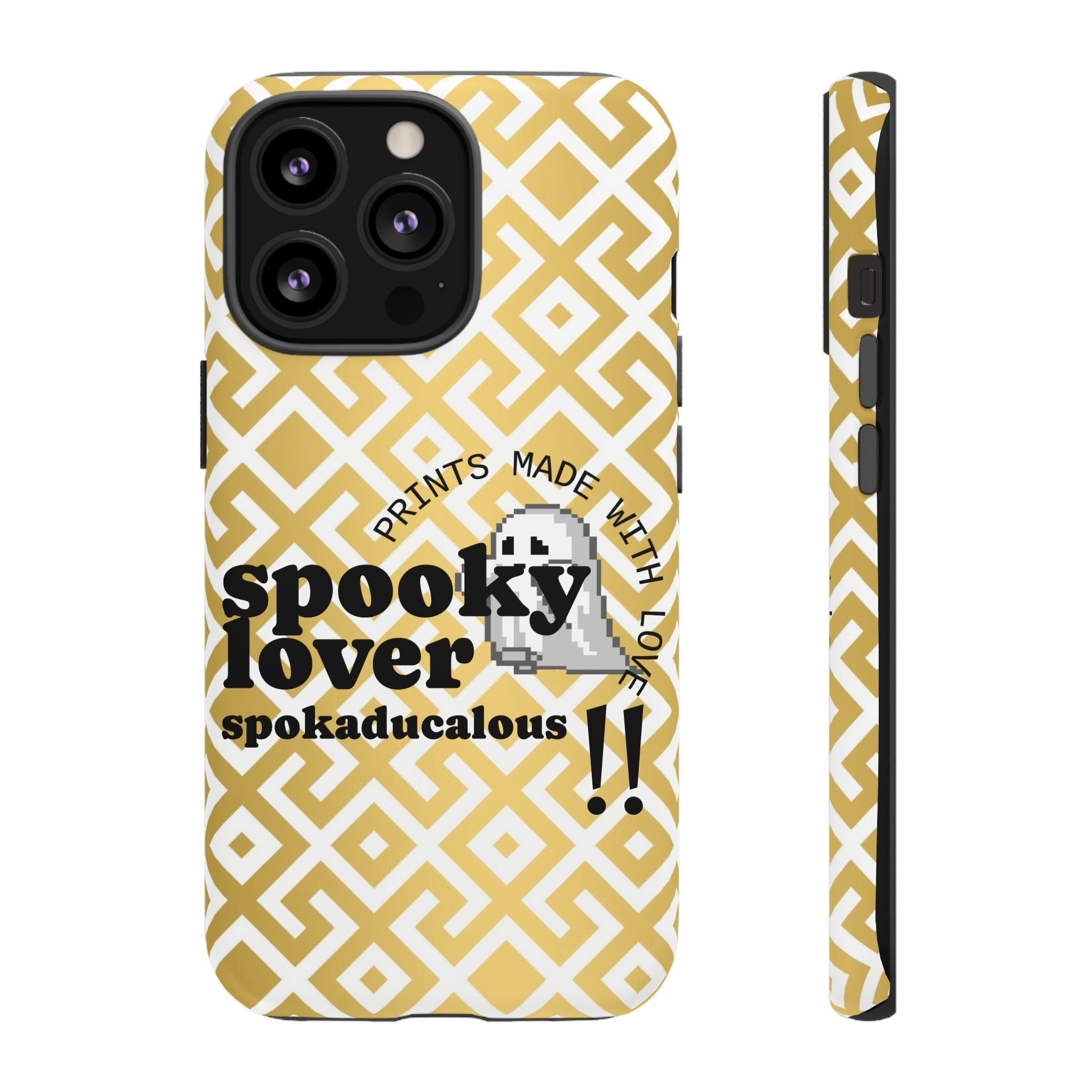 Phone case with yellow and white geometric pattern and text 'spooky lover spokaducalicious' on a white background
