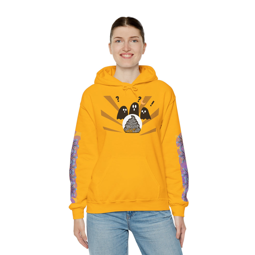 Person wearing a yellow hoodie with a graphic design on a white background