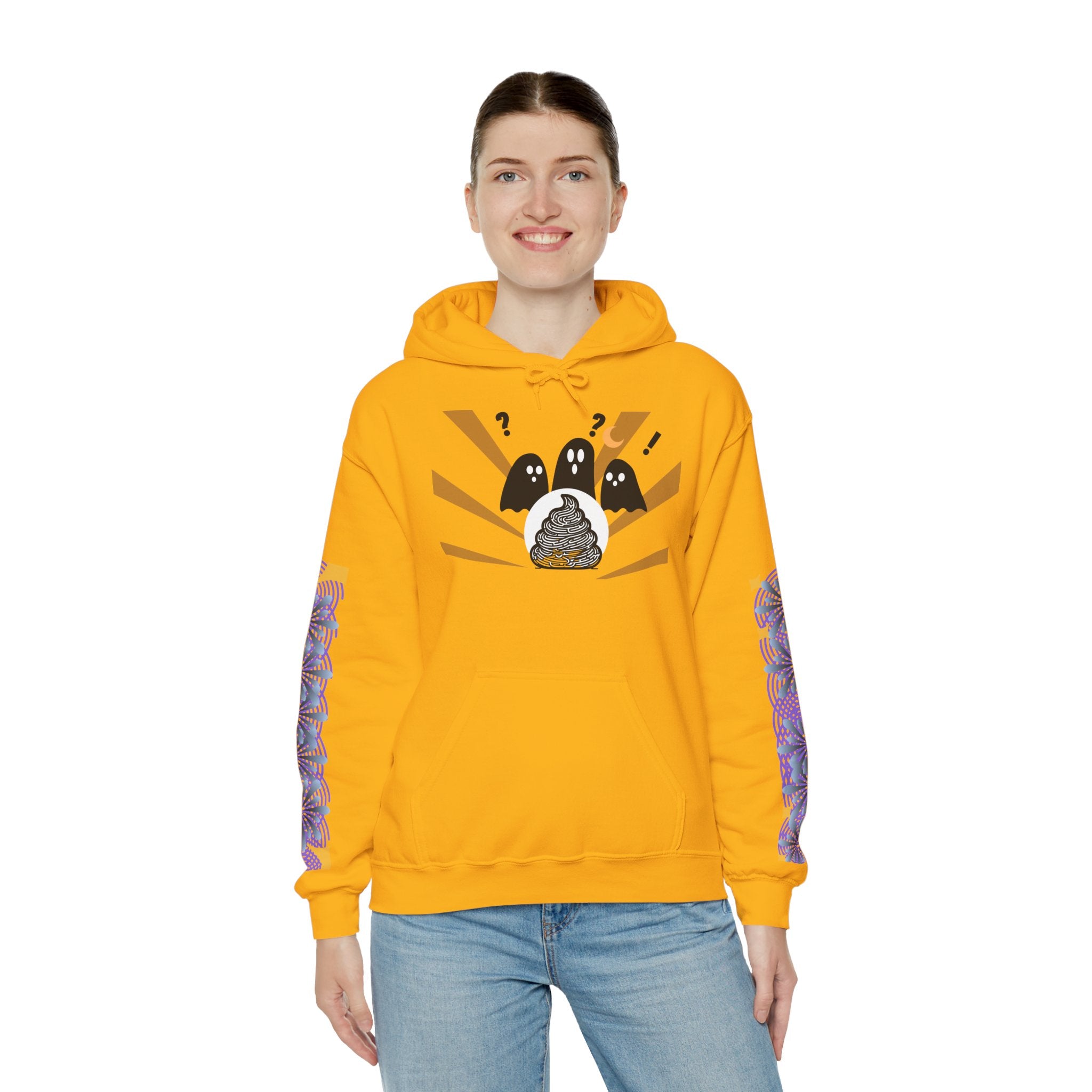 Person wearing a yellow hoodie with a graphic design on a white background