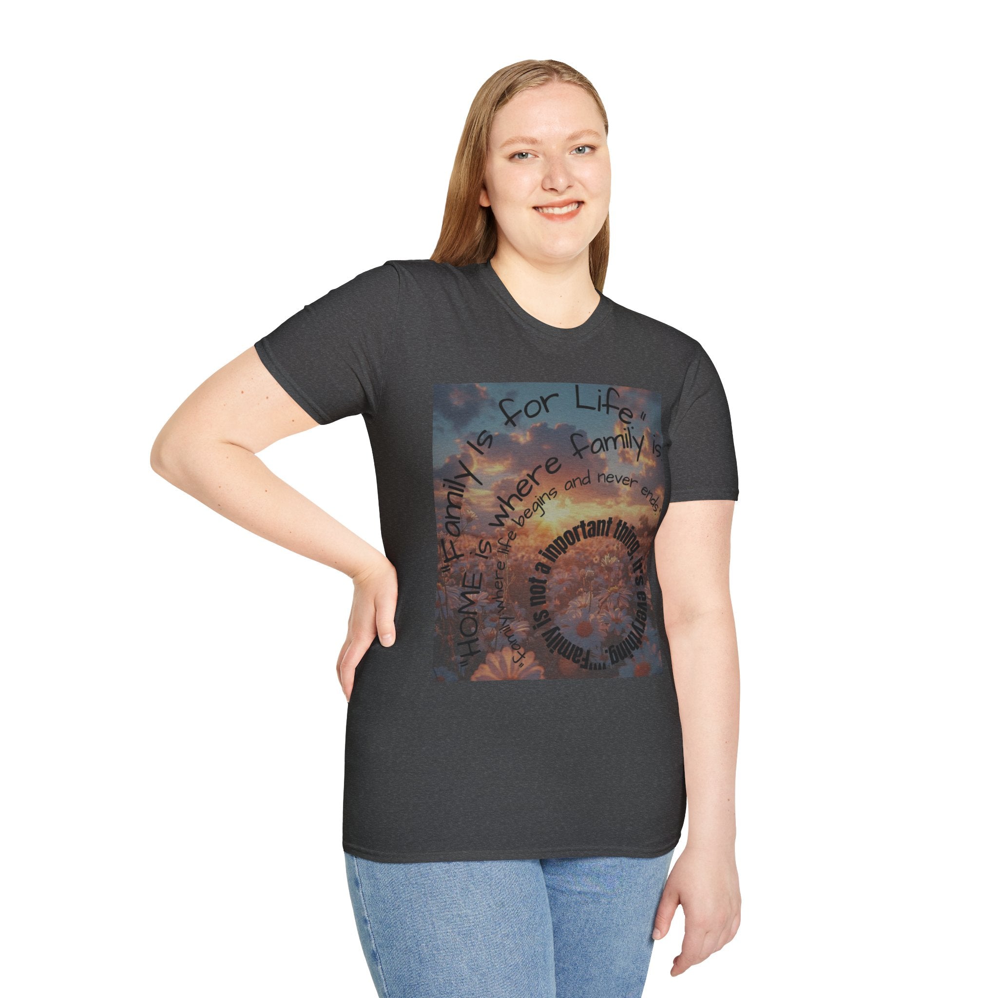 Person wearing a black t-shirt with a graphic design on a white background