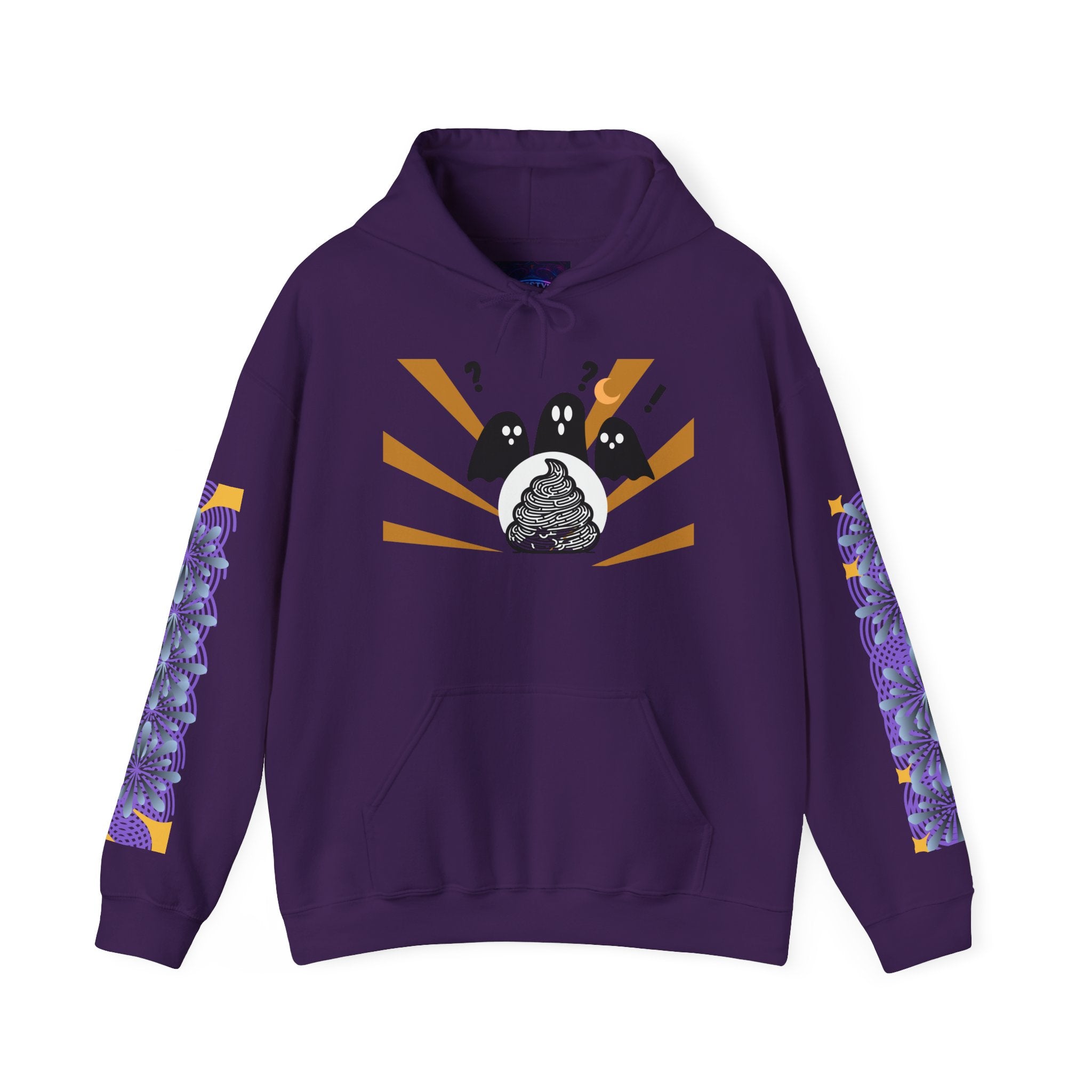 Purple hoodie with a graphic design on a white background