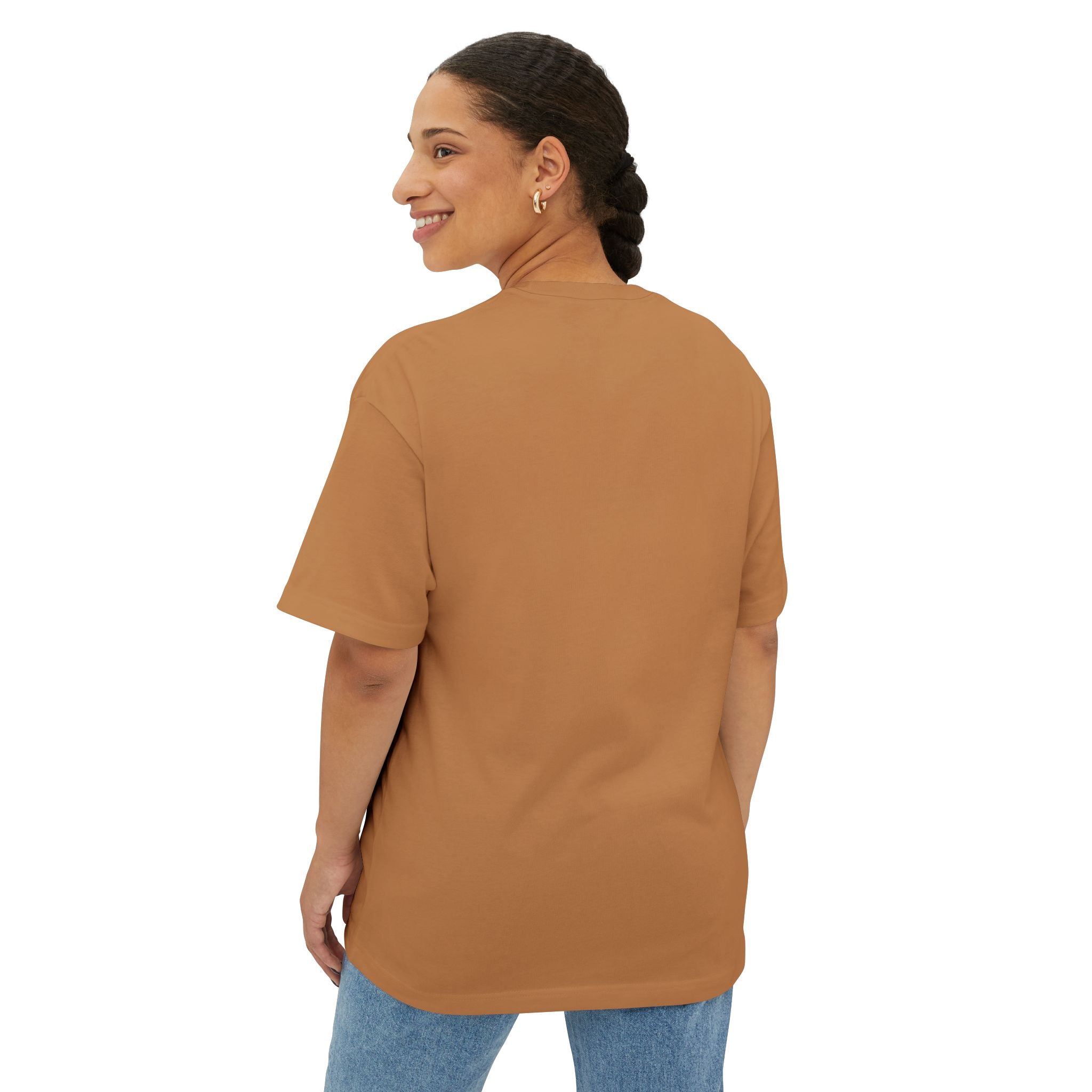 Woman wearing a brown t-shirt on a white background