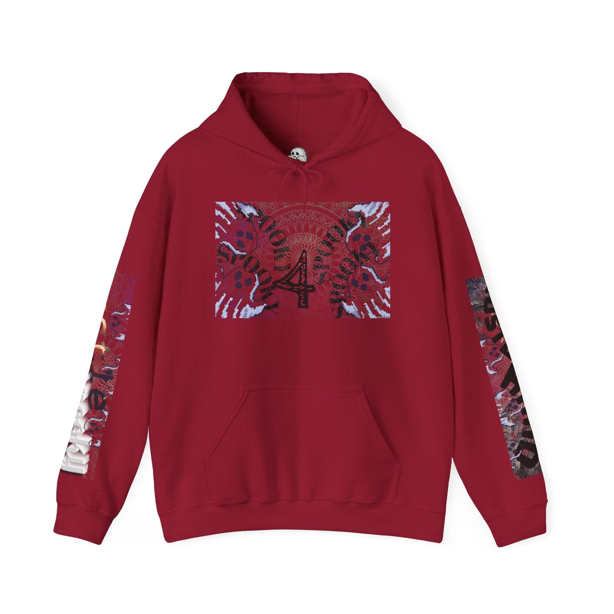 Red hoodie with a graphic design on a white background