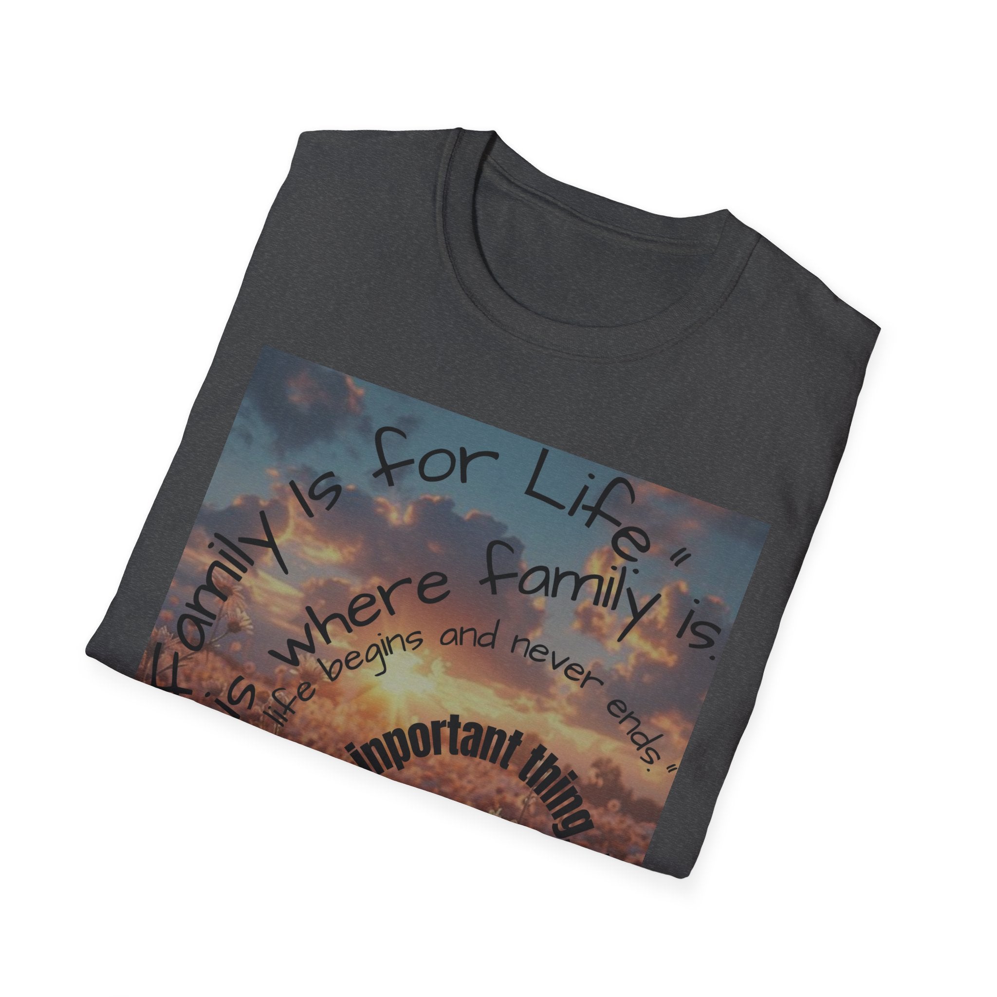 Folded t-shirt with a printed design and text on a white background