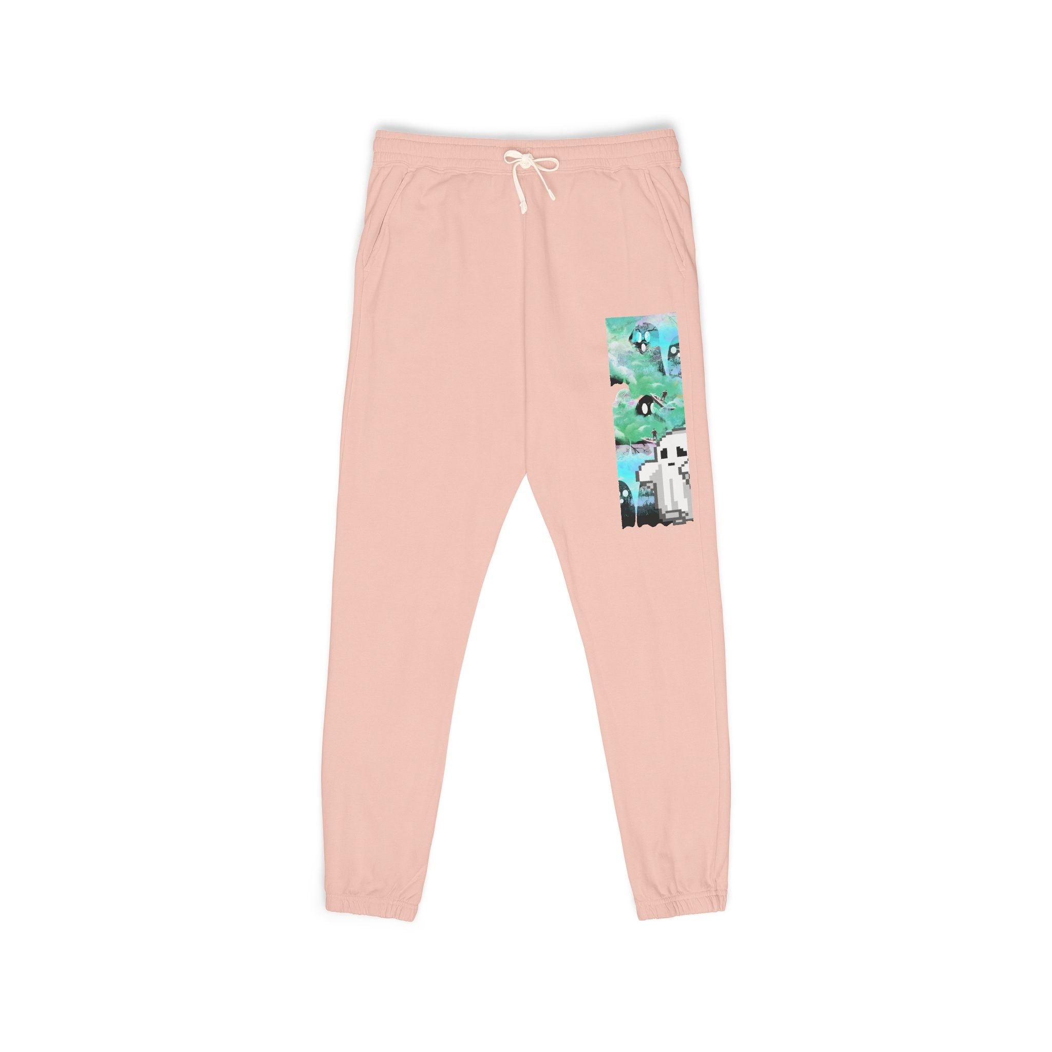 Pink sweatpants with a graphic of a panda and trees on a white background