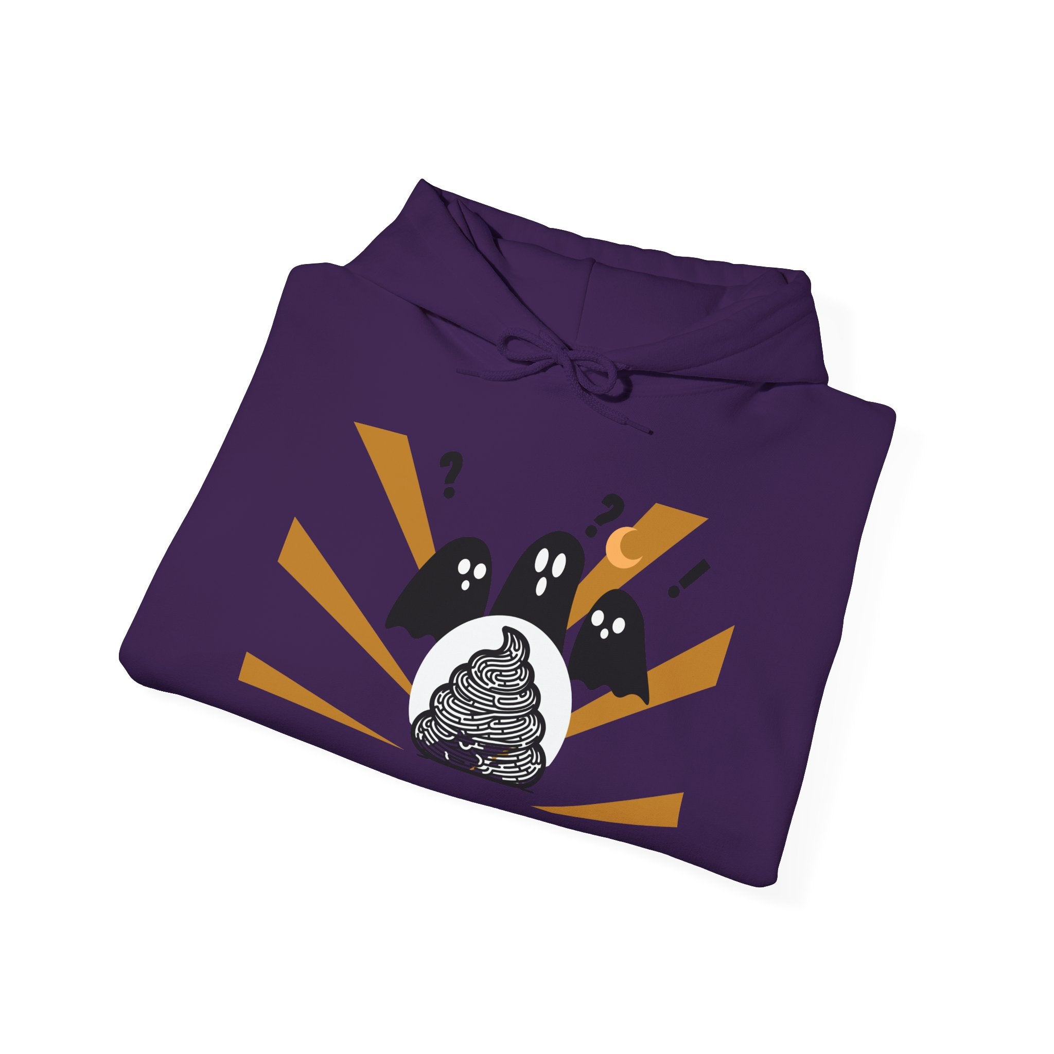 Folded purple hoodie with a graphic design on a white background
