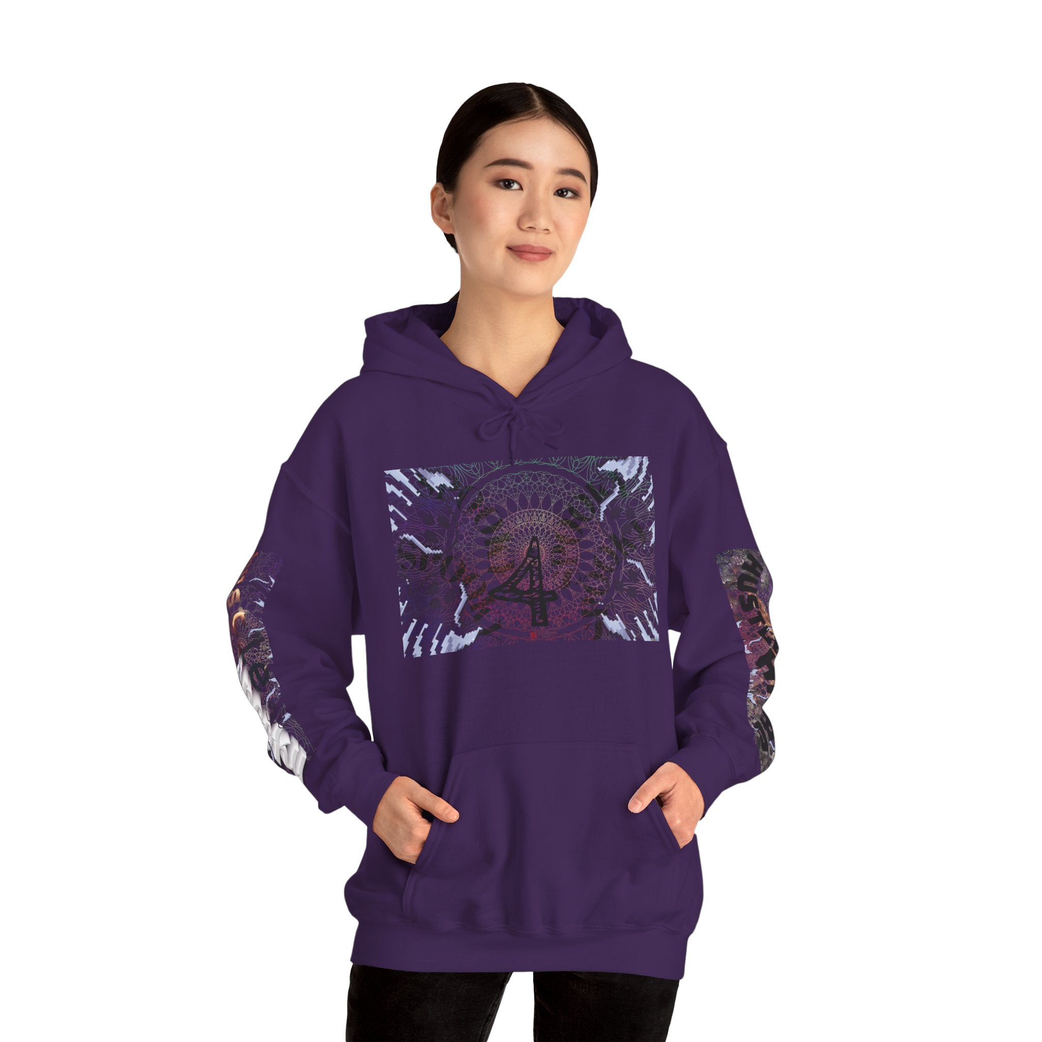 Person wearing a purple hoodie with a unique design on a white background