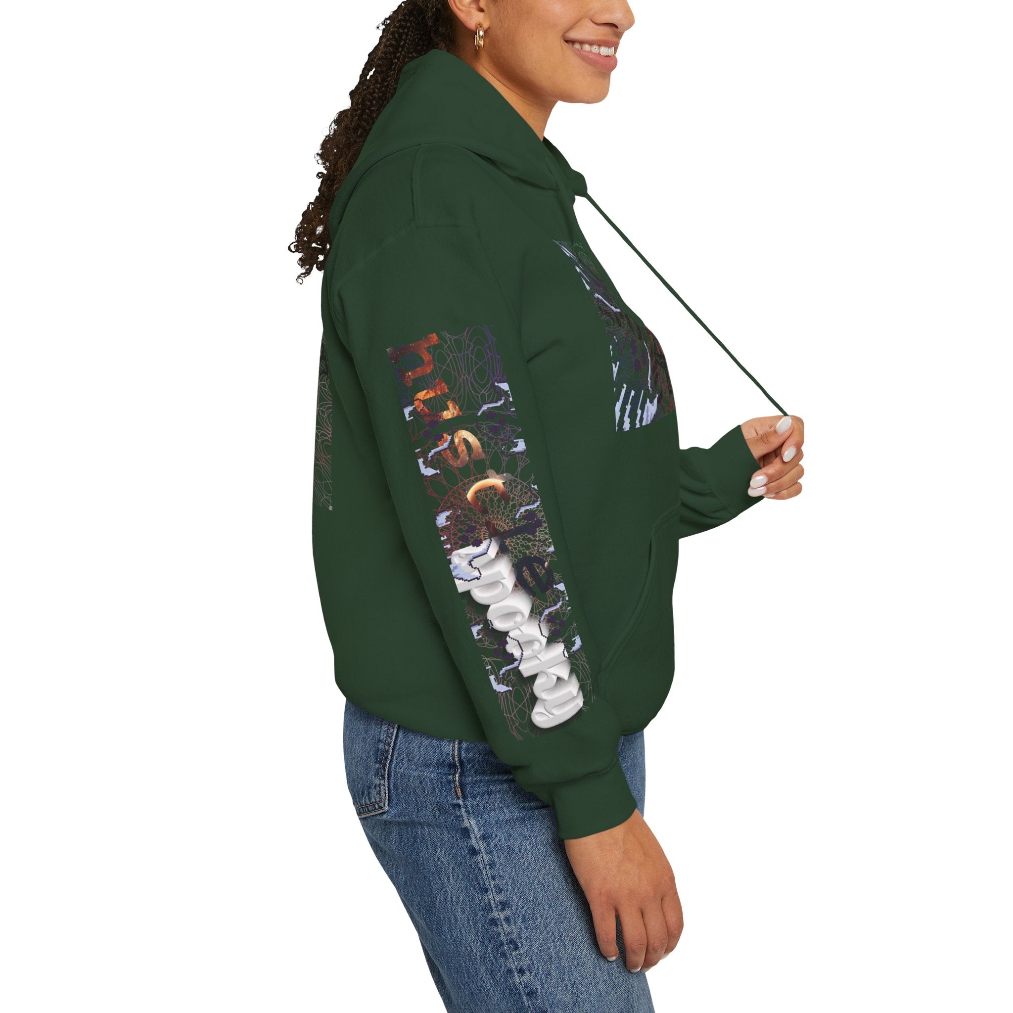 Person wearing a green hoodie with graphic designs on the sleeves against a white background