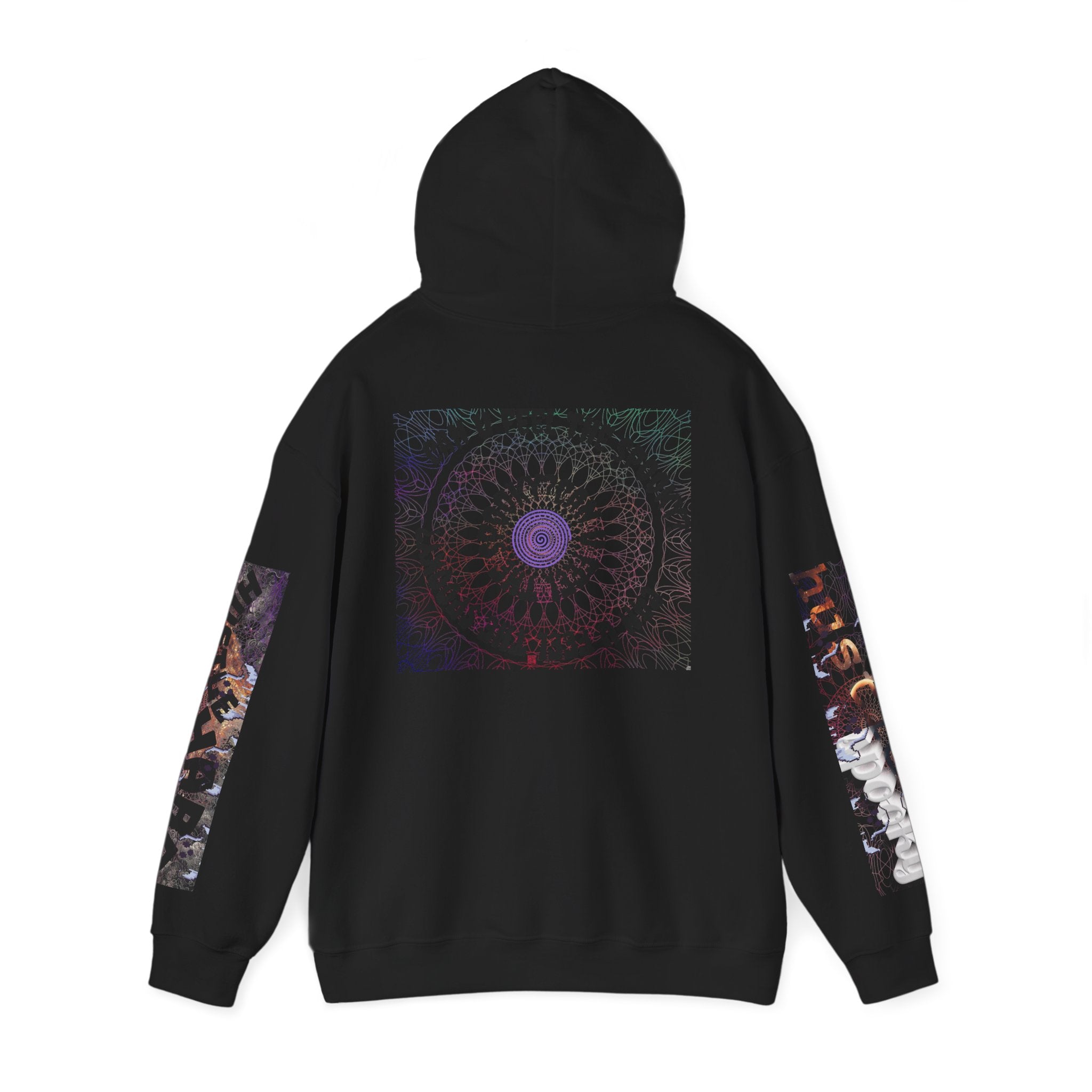 Black hoodie with a colorful mandala design on the back against a white background