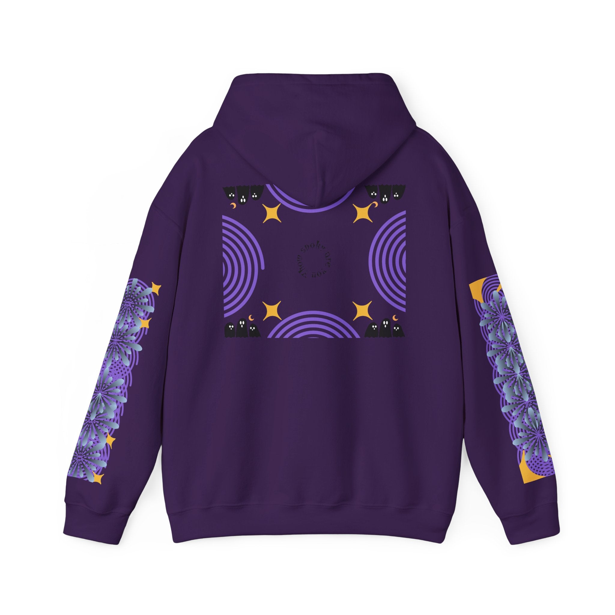 Purple hoodie with abstract designs on the back and sleeves against a white background