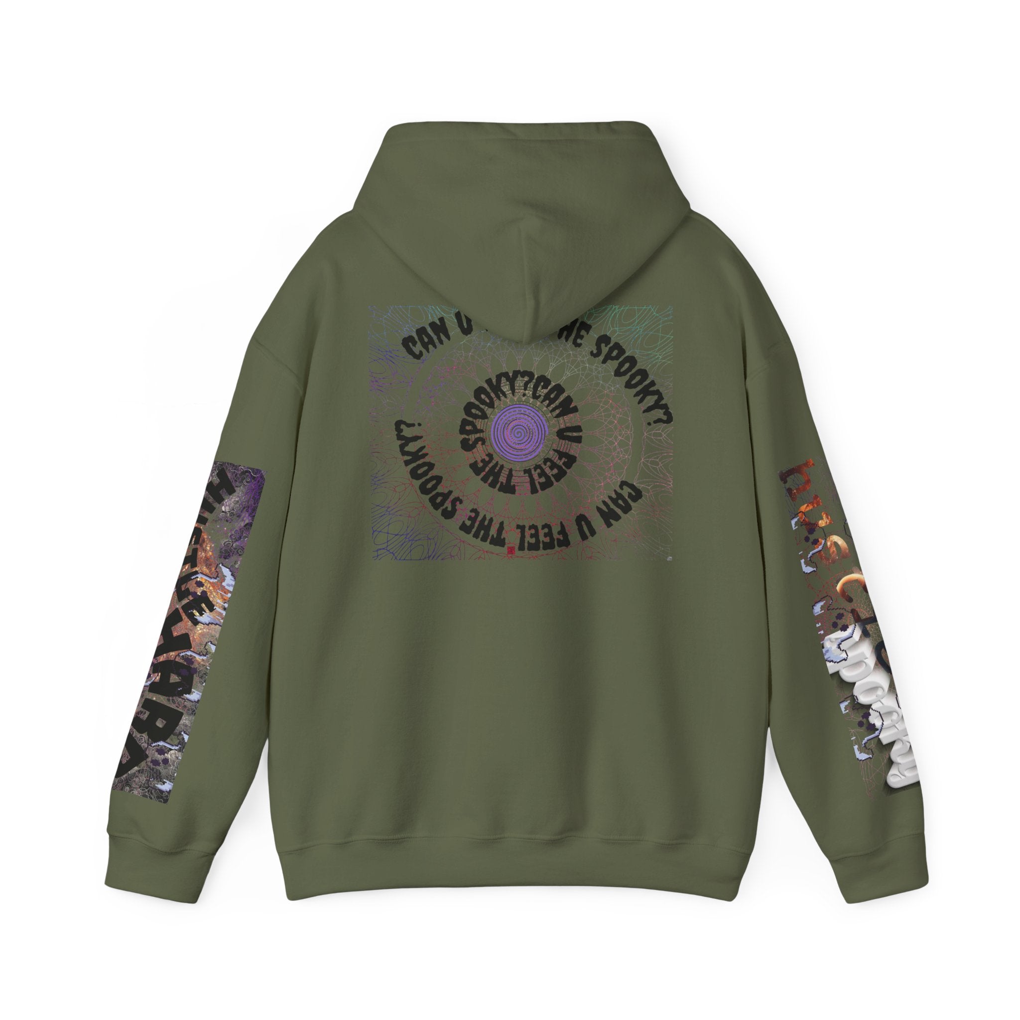 Green hoodie with graphic designs on sleeves and back on a white background