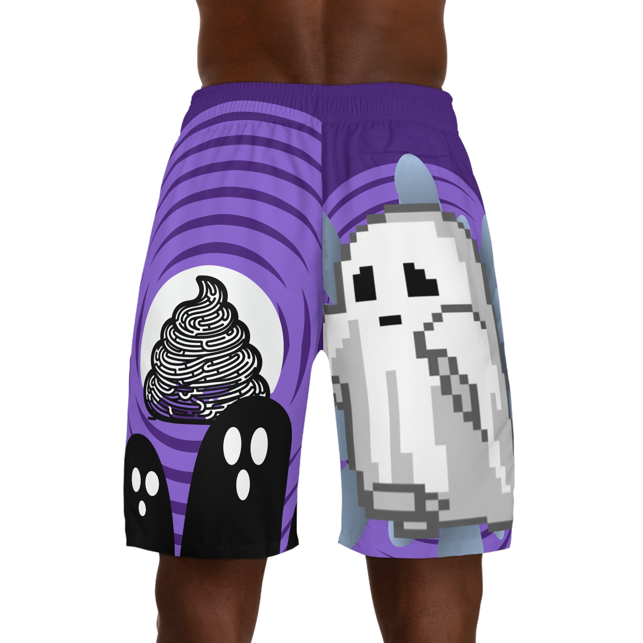 Purple shorts with pixelated ghost and ice cream design on a white background