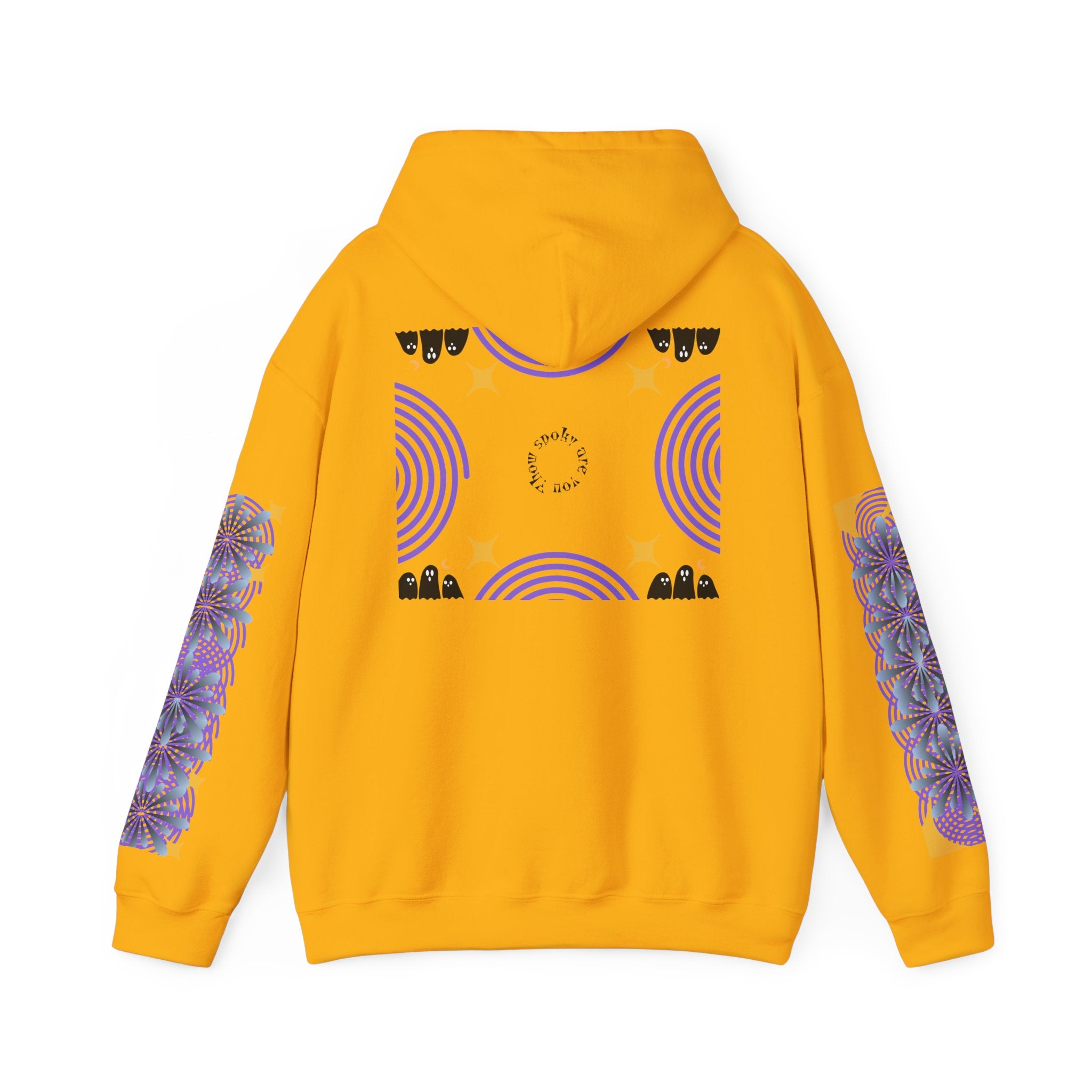 Yellow hoodie with purple and black designs on a white background