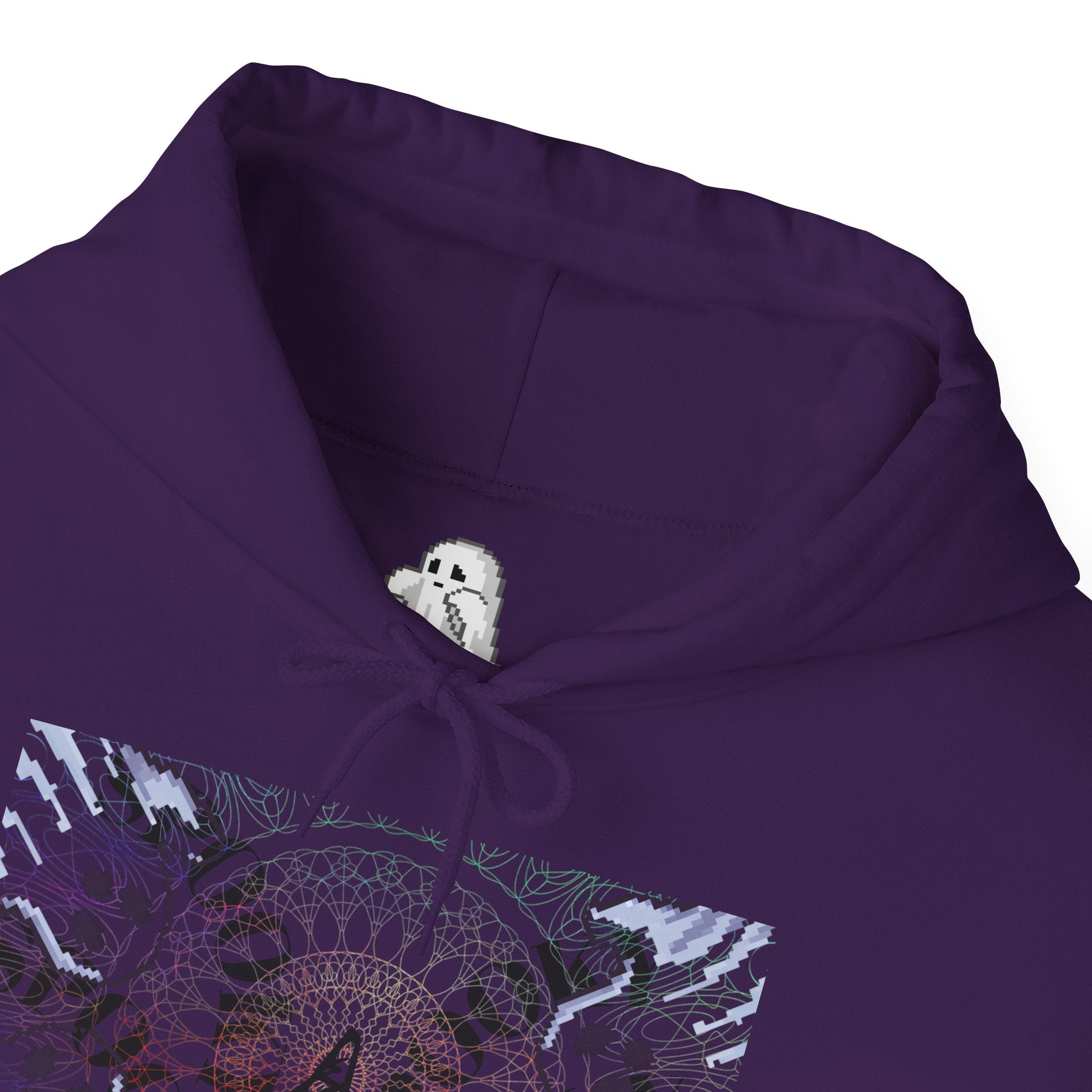Purple hoodie with a ghost design on a white background