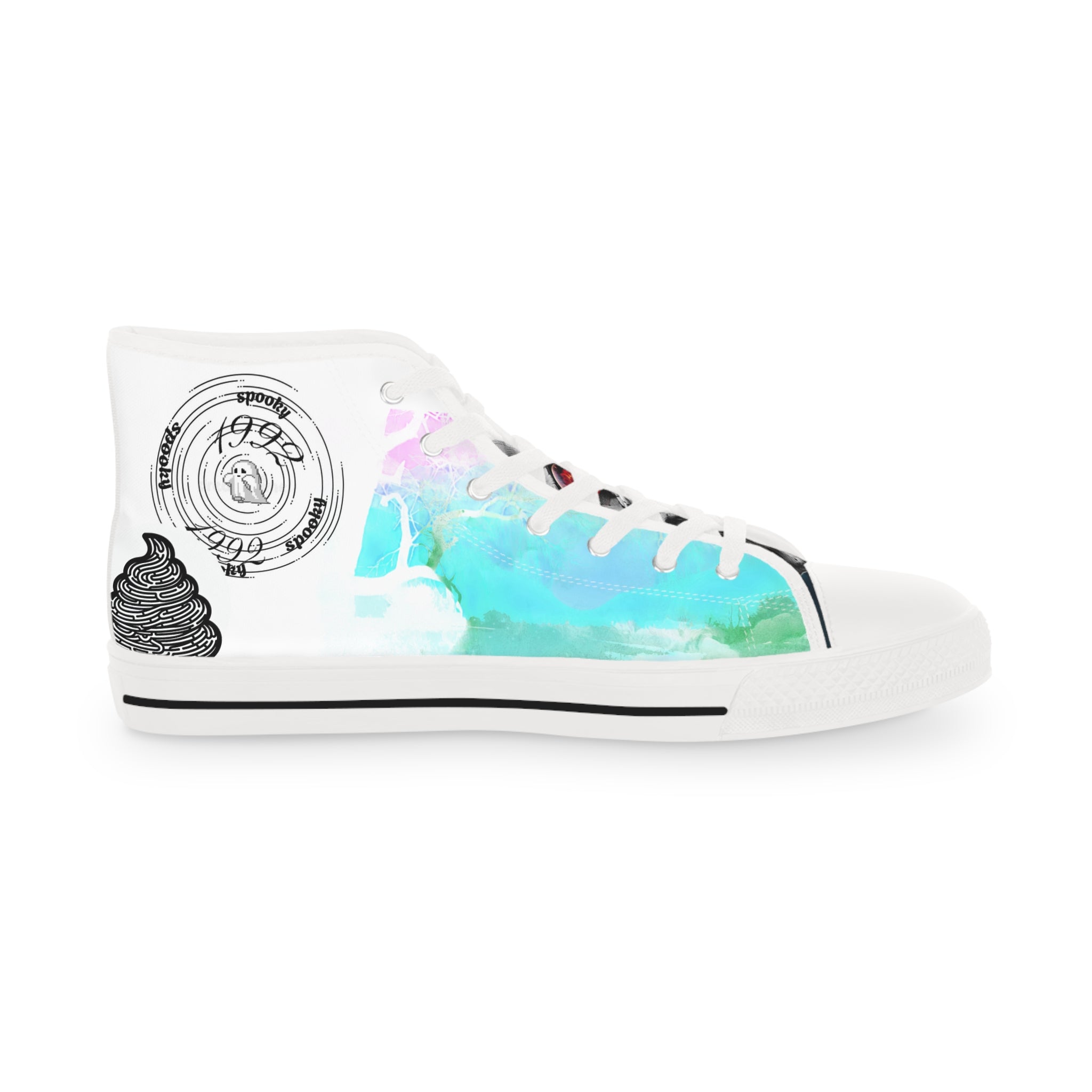 White high-top sneaker with colorful design and text on a white background