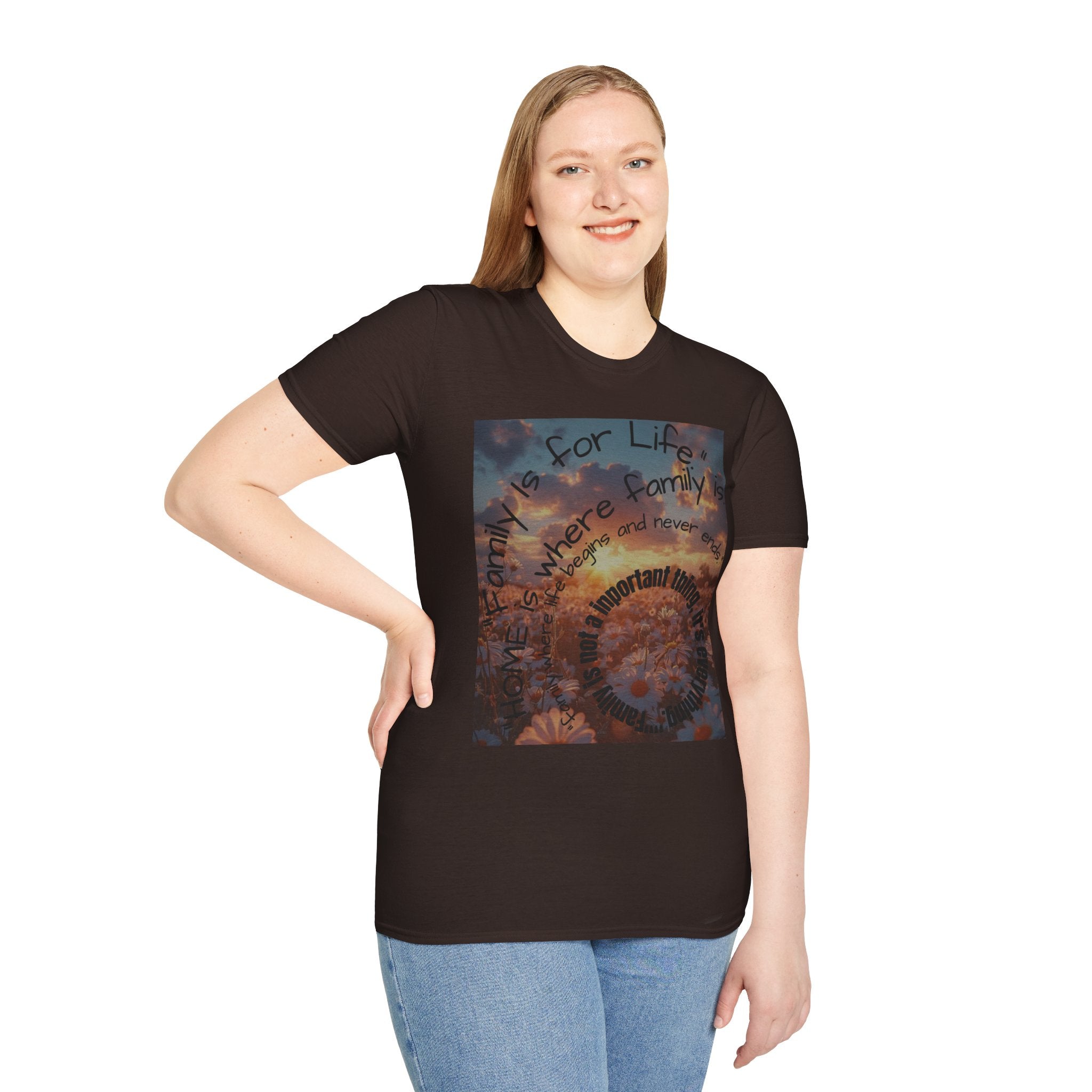 Woman wearing a black t-shirt with a graphic design on a white background