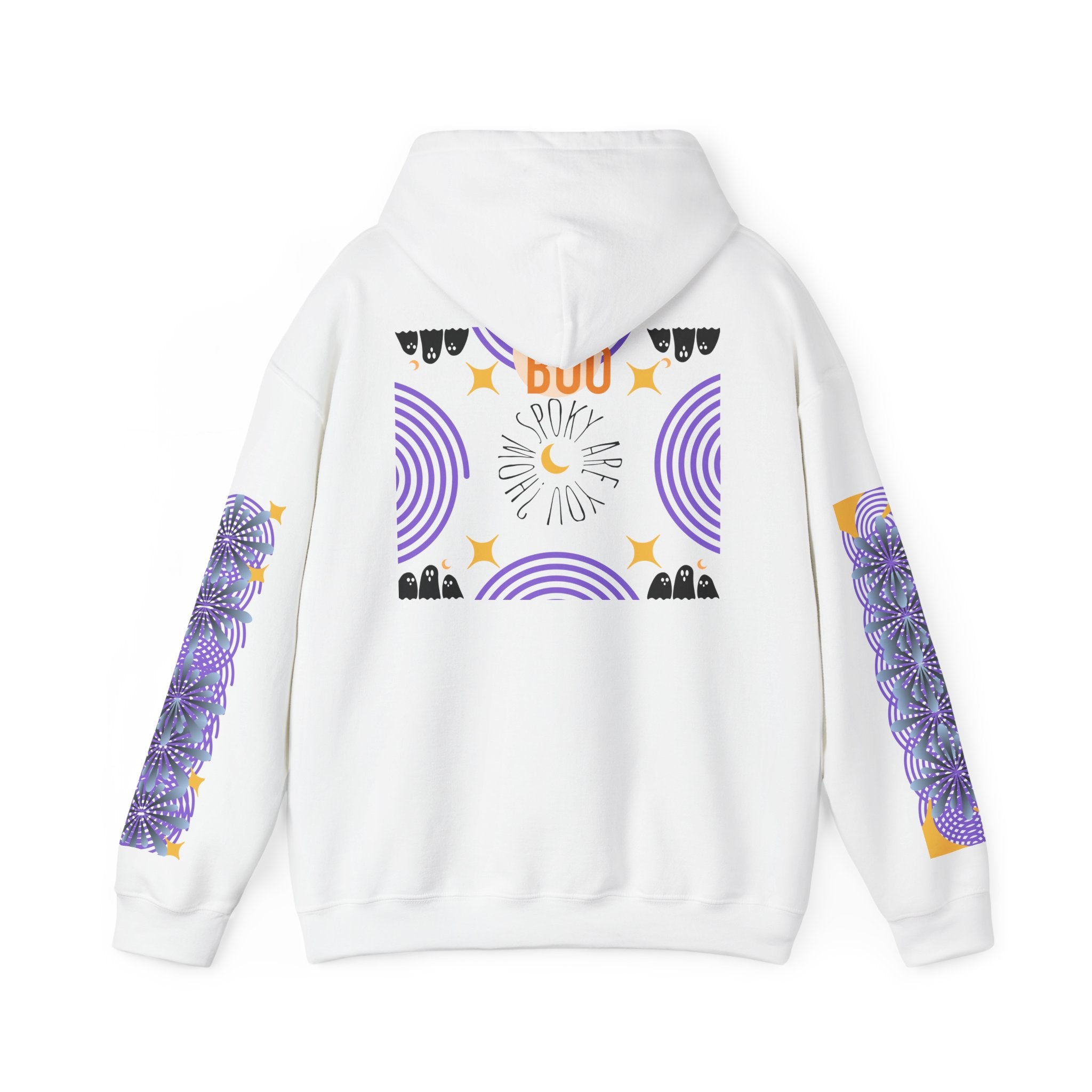 White hoodie with colorful designs on the back and sleeves against a white background
