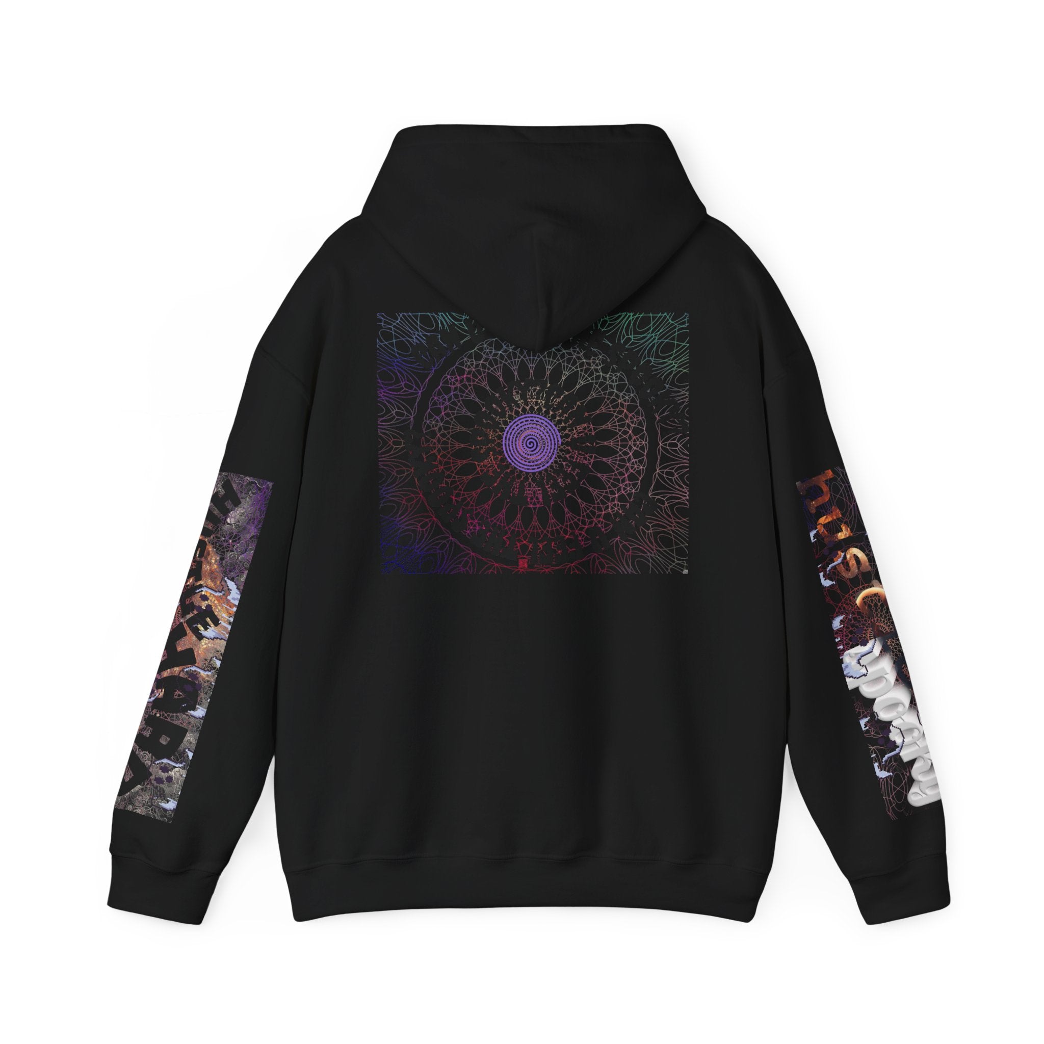 Black hoodie with colorful mandala design on the back and sleeves on a white background