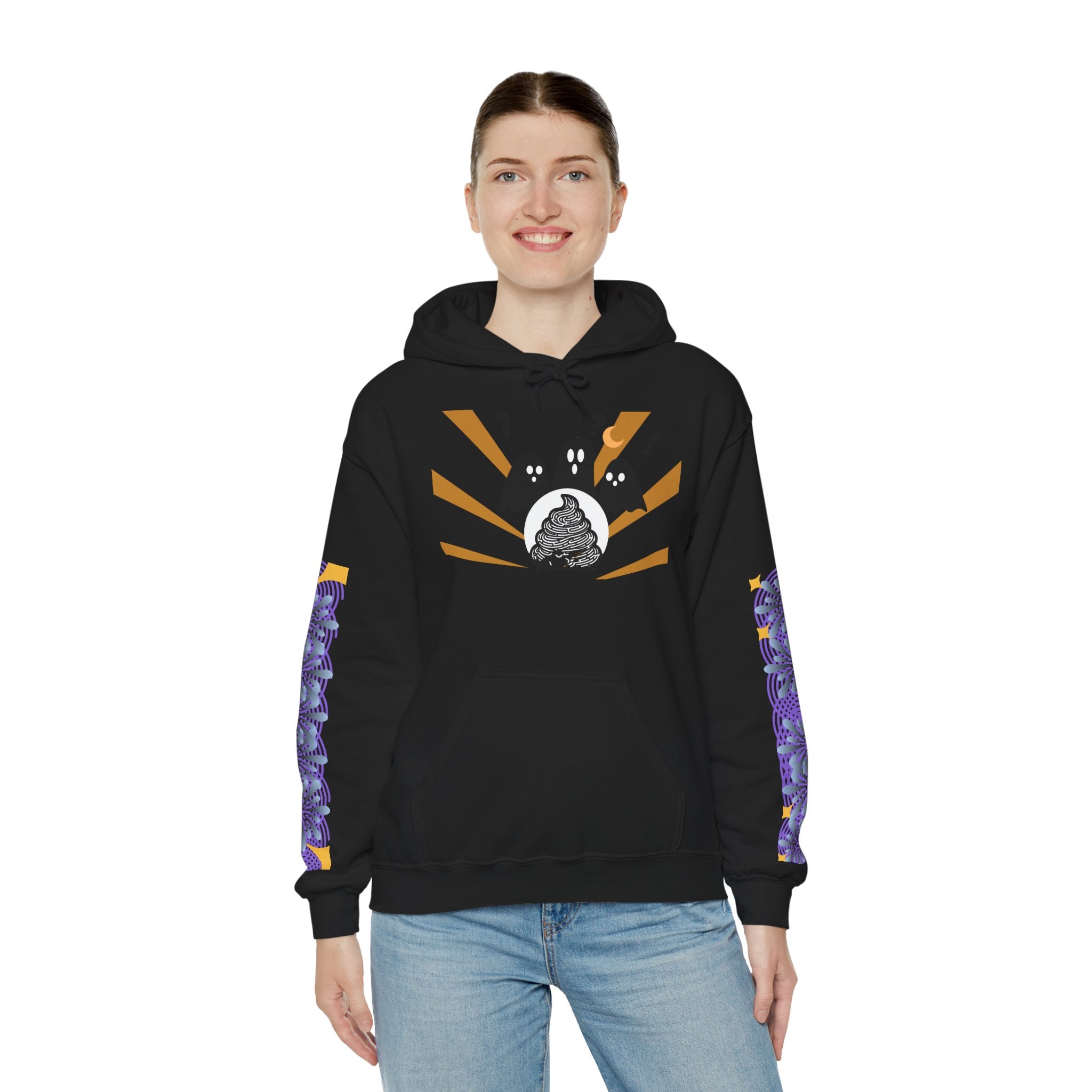 Person wearing a black hoodie with a graphic design on a white background