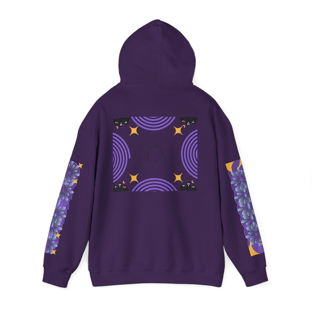 Purple hoodie with geometric patterns on a white background