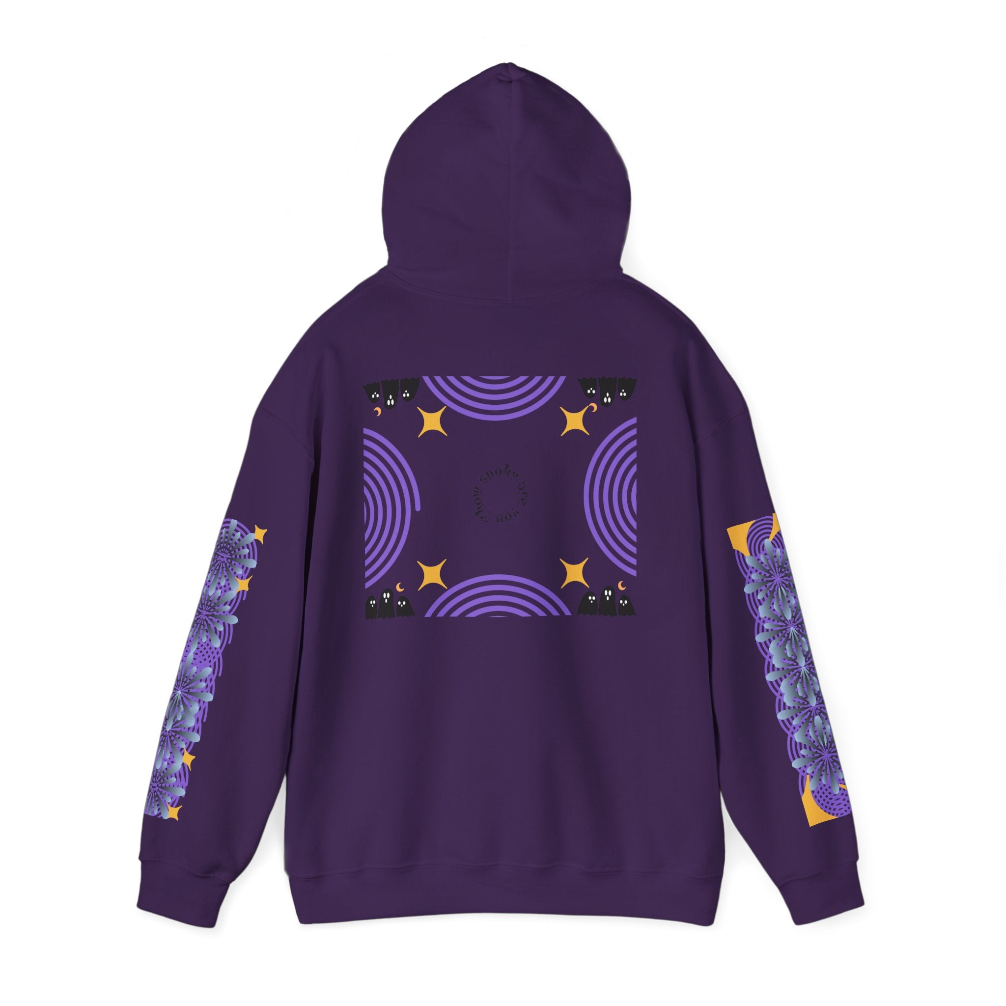 Purple hoodie with geometric patterns on a white background