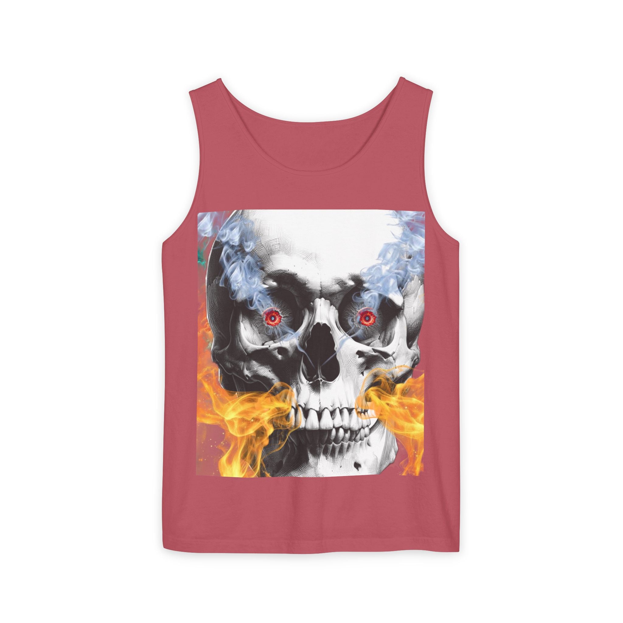 Red tank top with a skull design on a white background