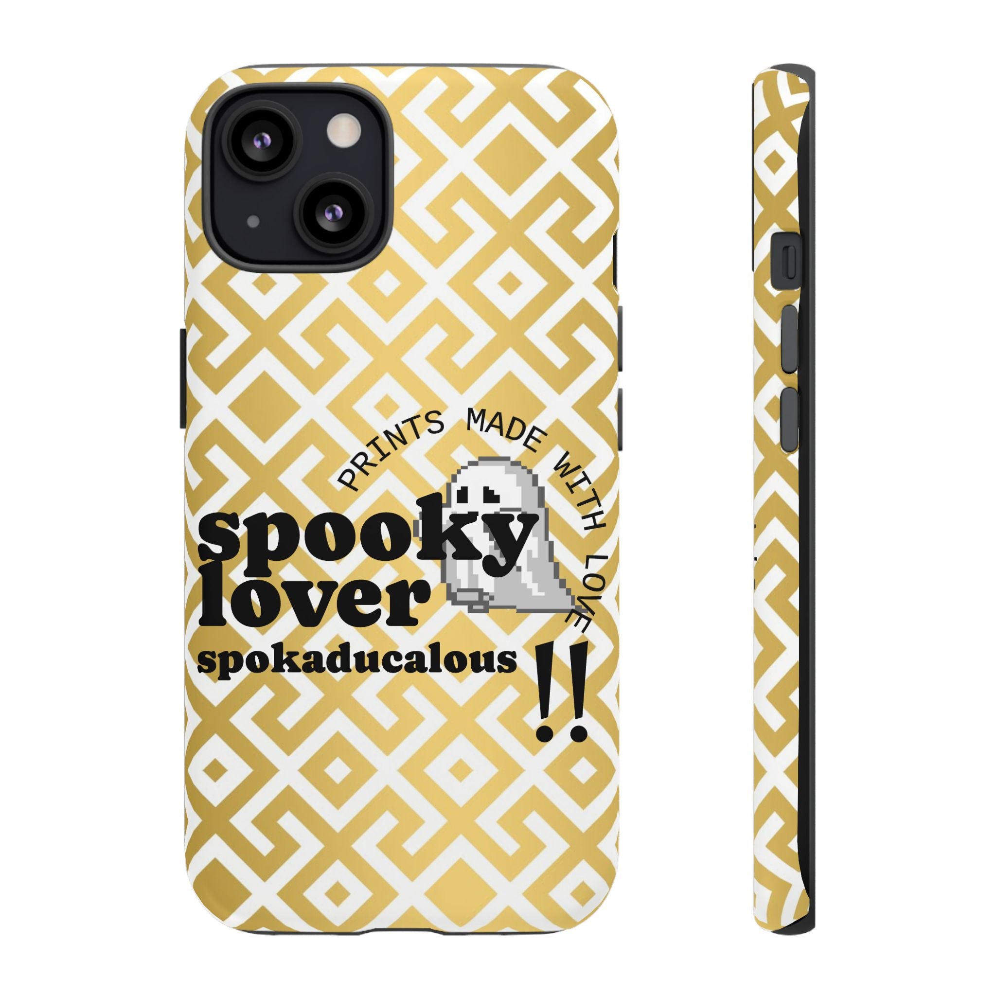 Phone case with yellow geometric pattern and 'spooky lover' text on a white background