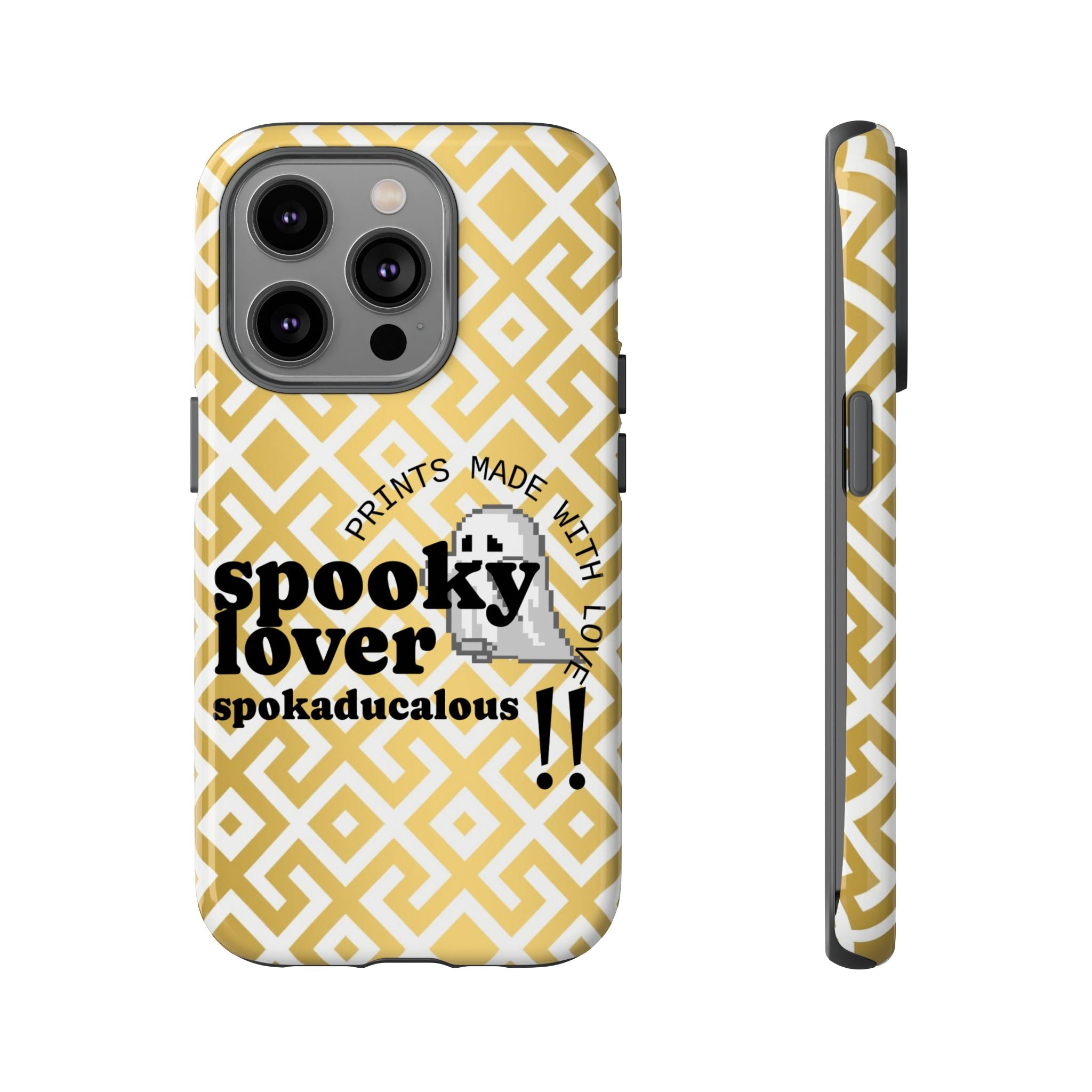 Phone case with yellow and white geometric pattern and text 'spooky lover spokaducalicious' on a white background