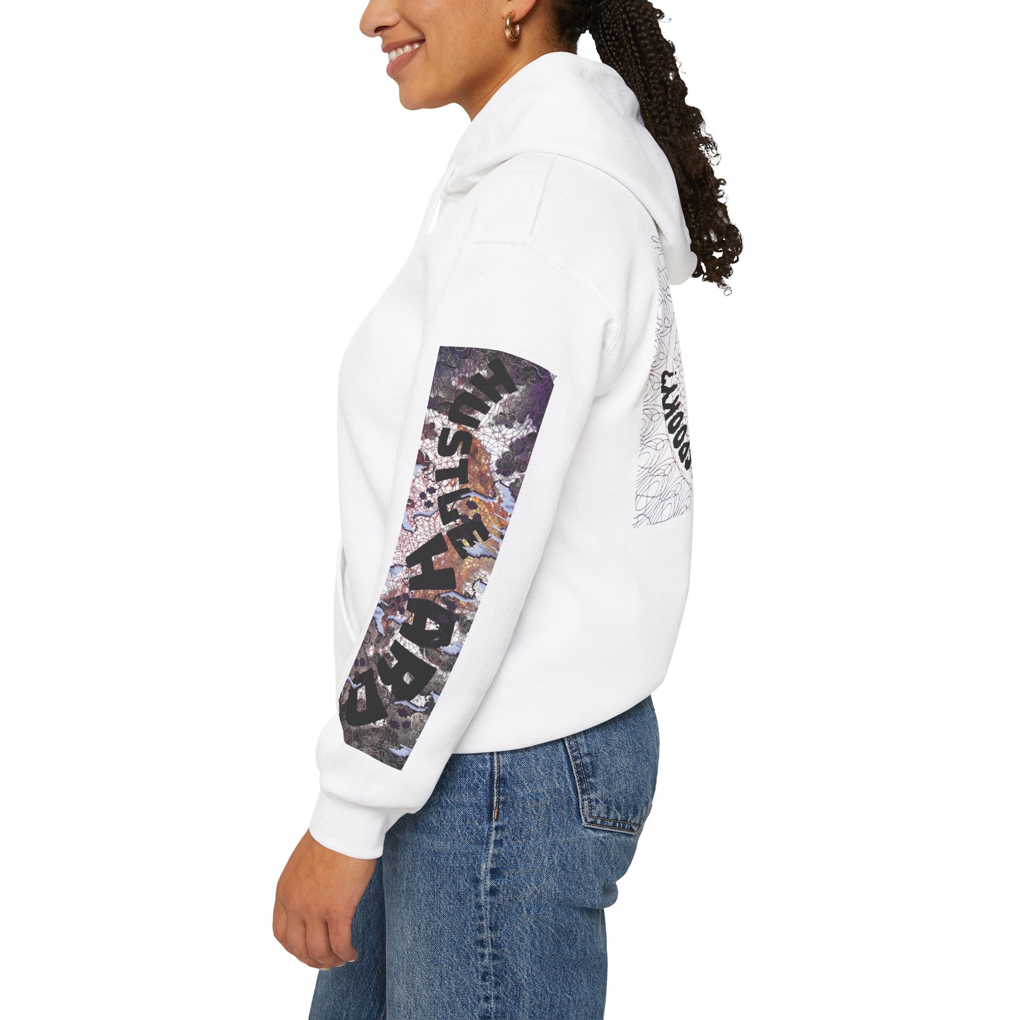 White hoodie with graphic design on sleeve worn by a person, on a white background