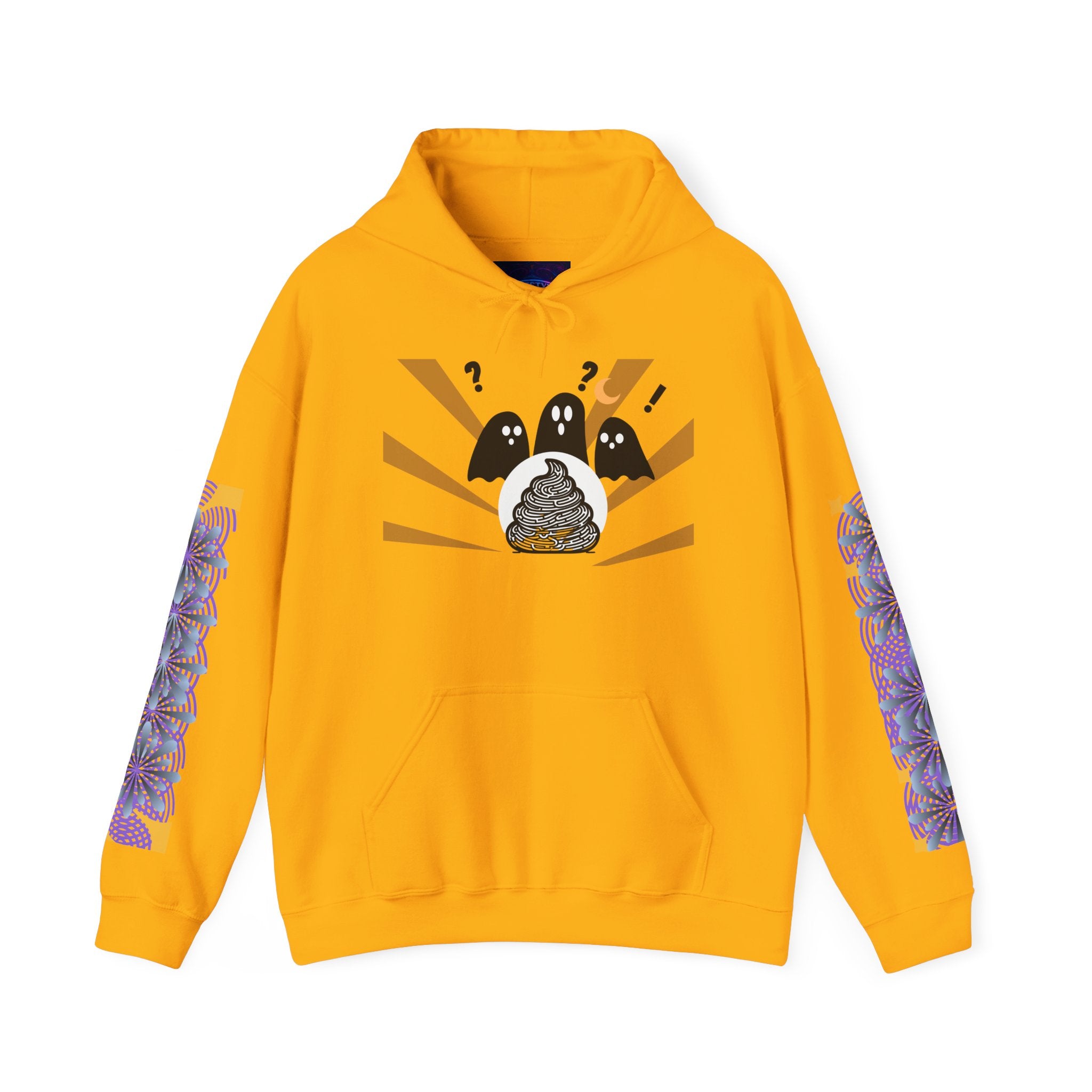 Yellow hoodie with a graphic design on a white background