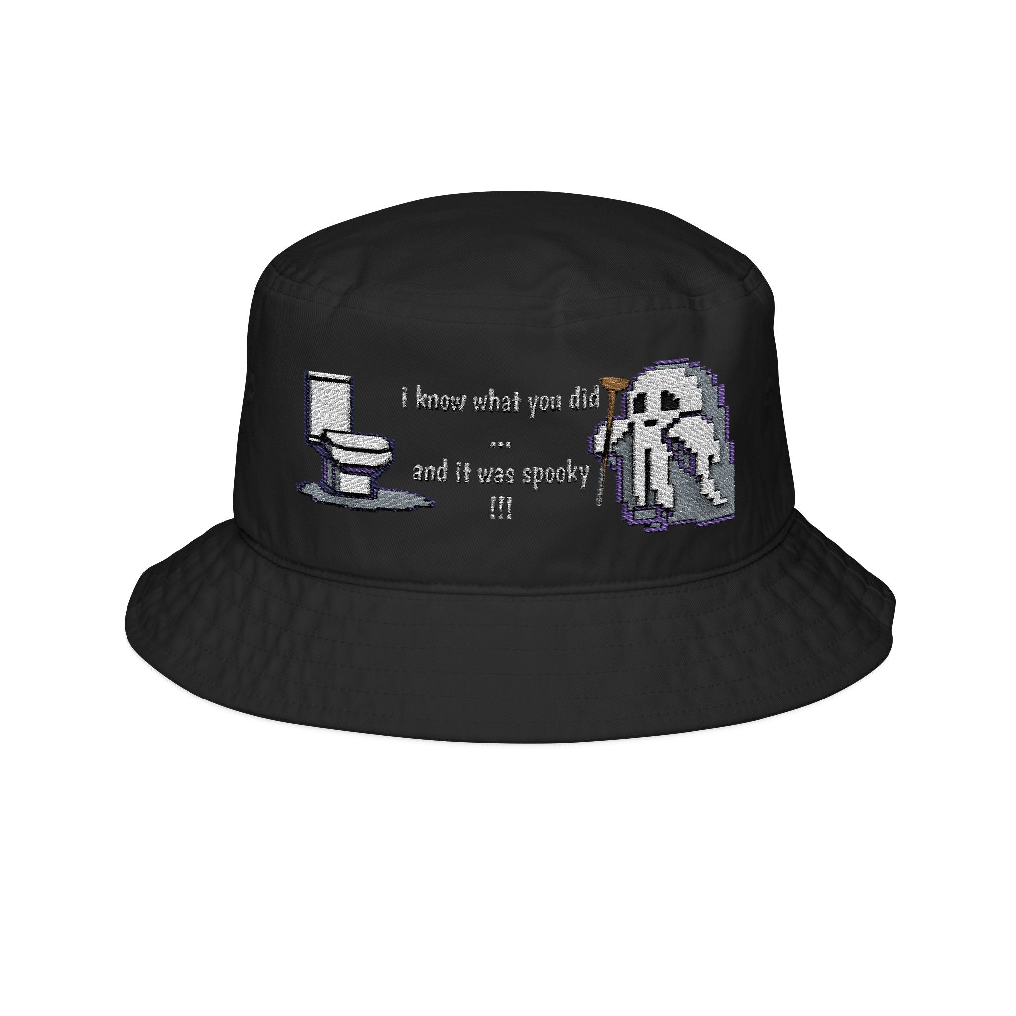 Black bucket hat with pixelated ghost and text design on a white background