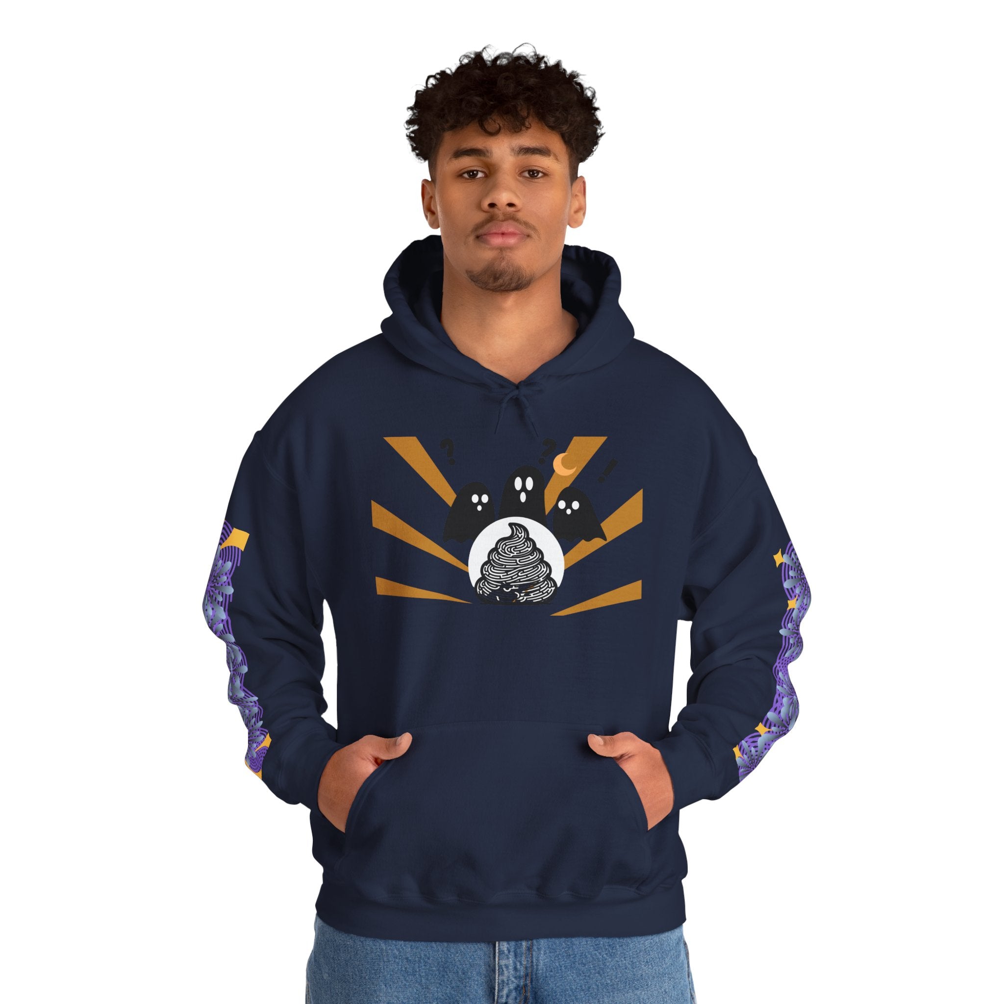 Person wearing a navy blue hoodie with a graphic design on a white background