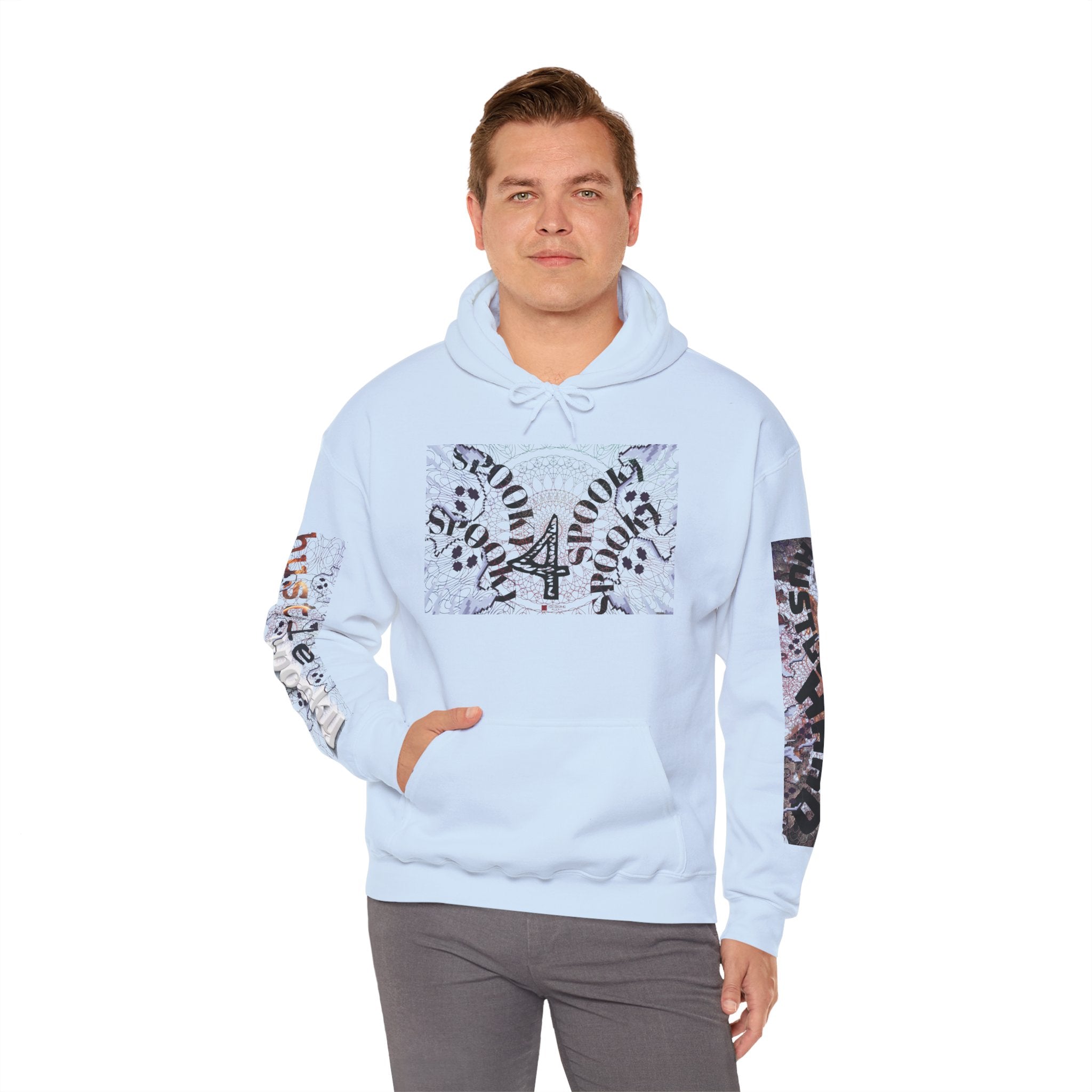 Man wearing a light blue hoodie with graphic designs on sleeves against a white background