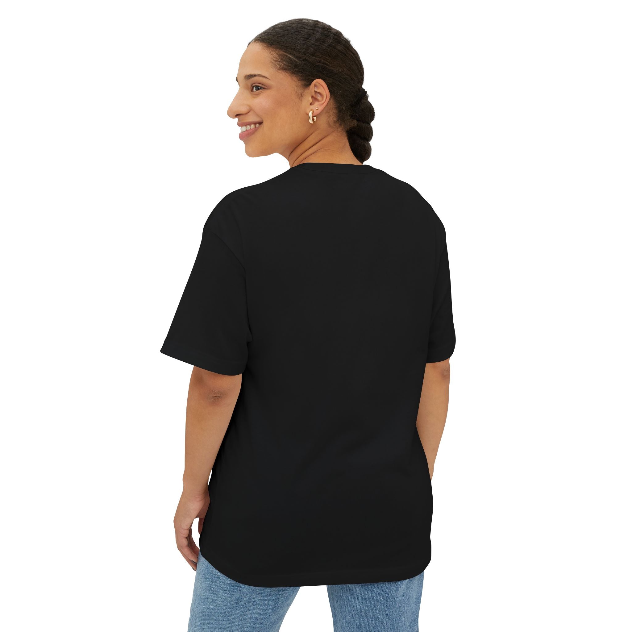Person wearing a black t-shirt on a white background